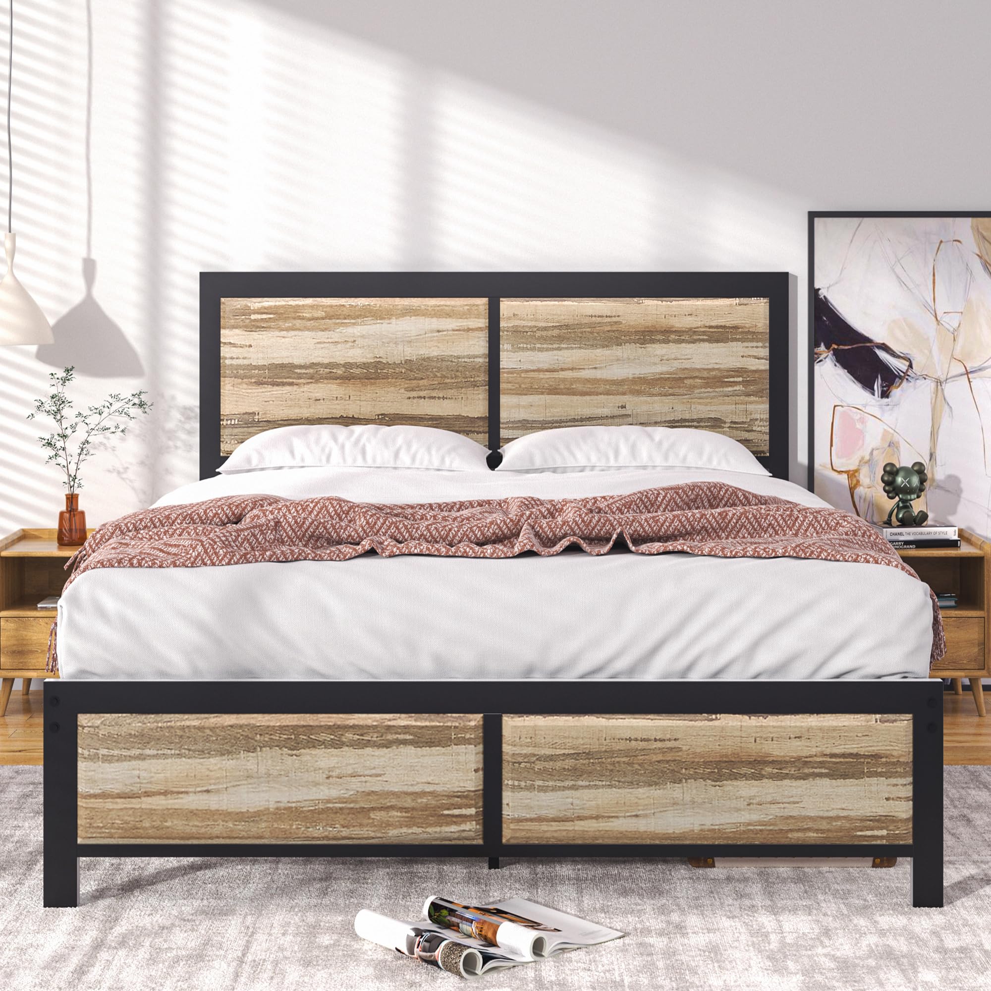 VECELO Queen Size Bed Frame with Wood Headboard and Footboard, 14 Inch Platform Mattress Foundation, No Box Spring Needed, Heavy Duty Slats Support, Easy Assembly