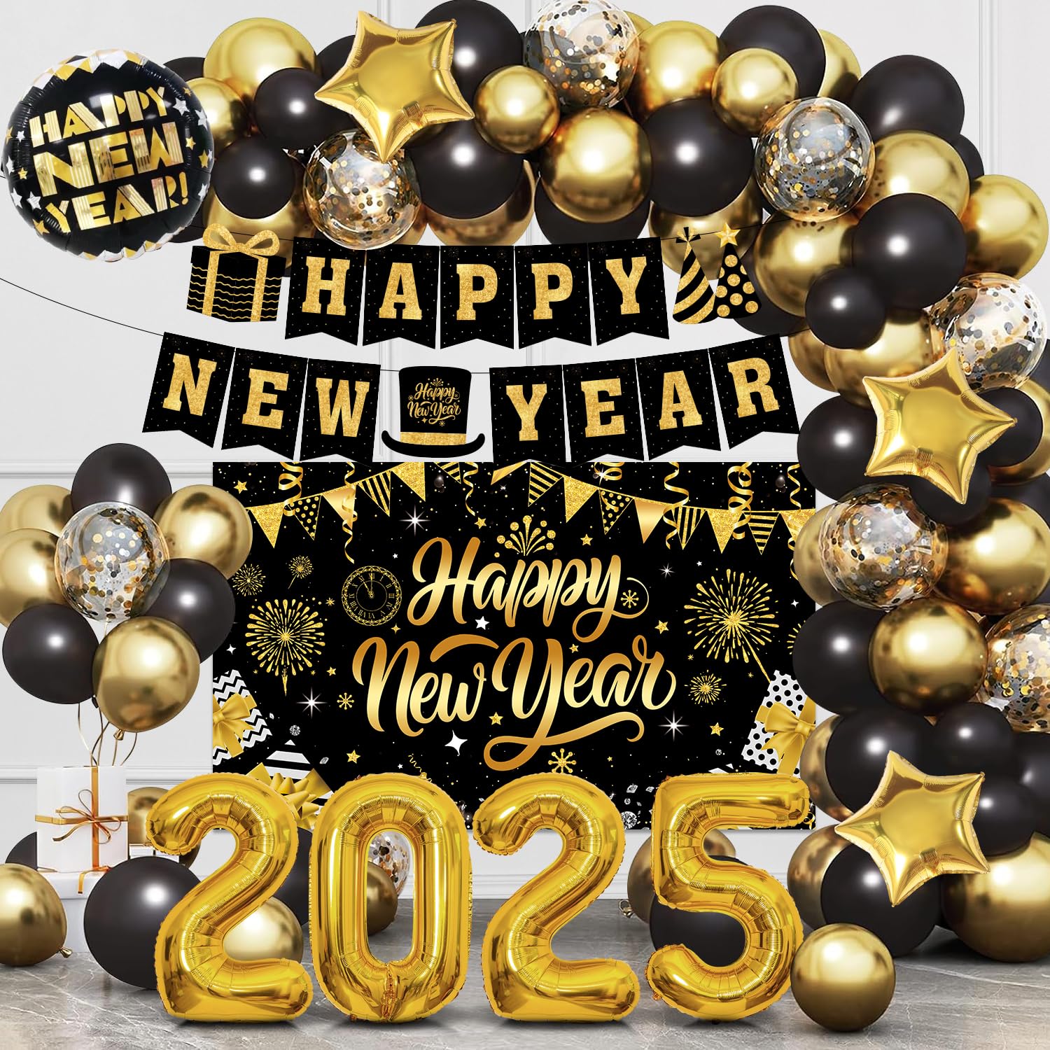 New Years Decorations 2025 Kit, Black and Gold Happy New Year Party Decor, New Years Eve Party Supplies with Balloon Arch Kit, 2025 Balloons Gold, Happy New Year Banner and New Years Backdrop