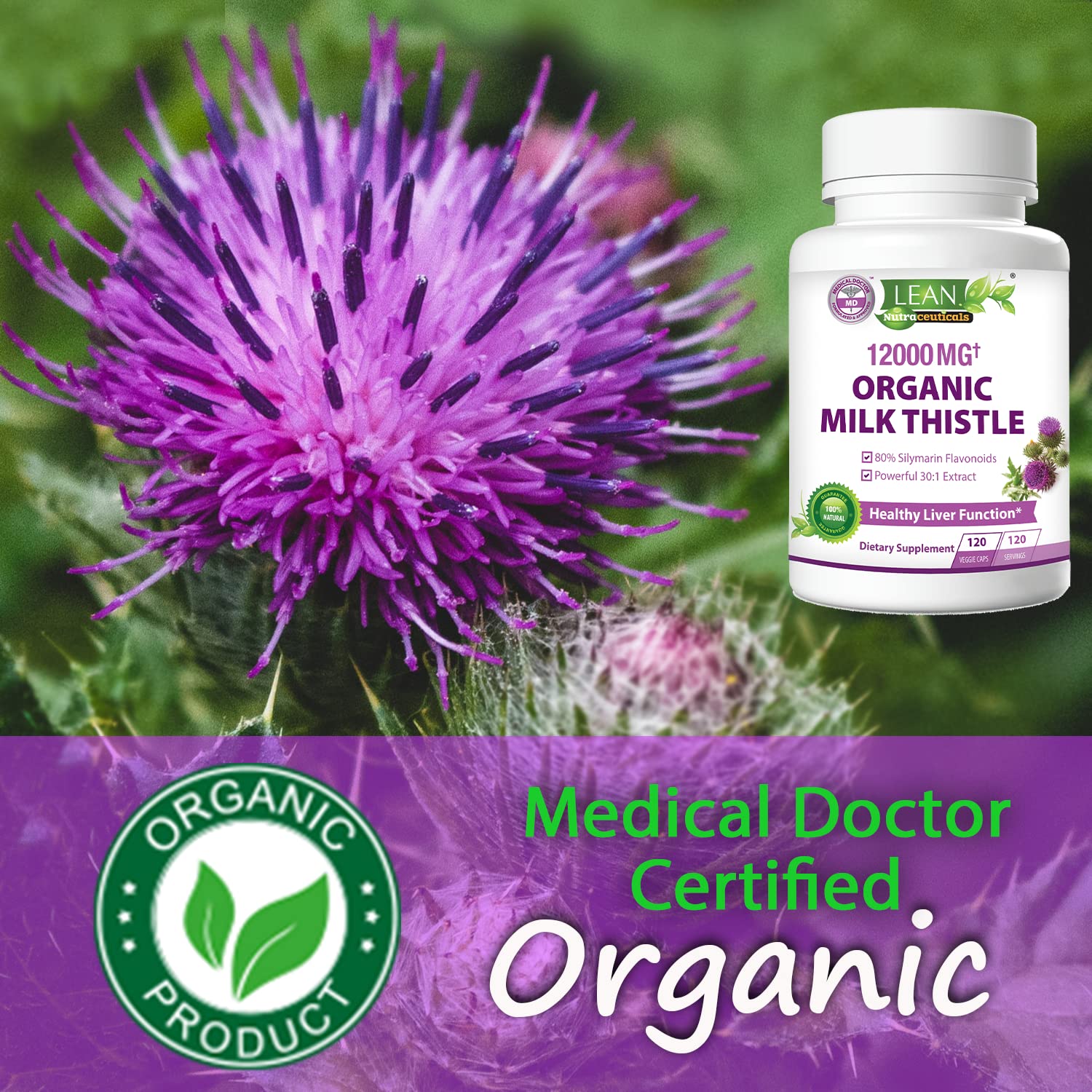 Liver Cleanse Detox & Repair, Organic Milk Thistle 12000 Mg 120 Day Support Supplement, 30X Seed Extract with Silymarin Pills, MD Pure Herbal Kidney Lung Health Fast Active Aid Formula 120 Capsules