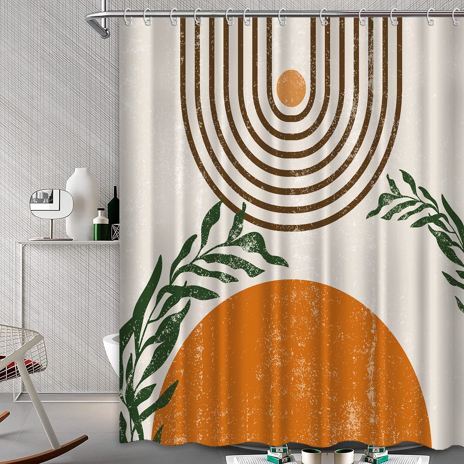 Ouyisha Boho Brown Shower Curtain Abstract Mid Century Geometric Shower Curtain Modern Minimalistic Green Leaf Art Shower Curtain for Bathroom Decor Fabric Waterproof with Hooks, 72"x72"