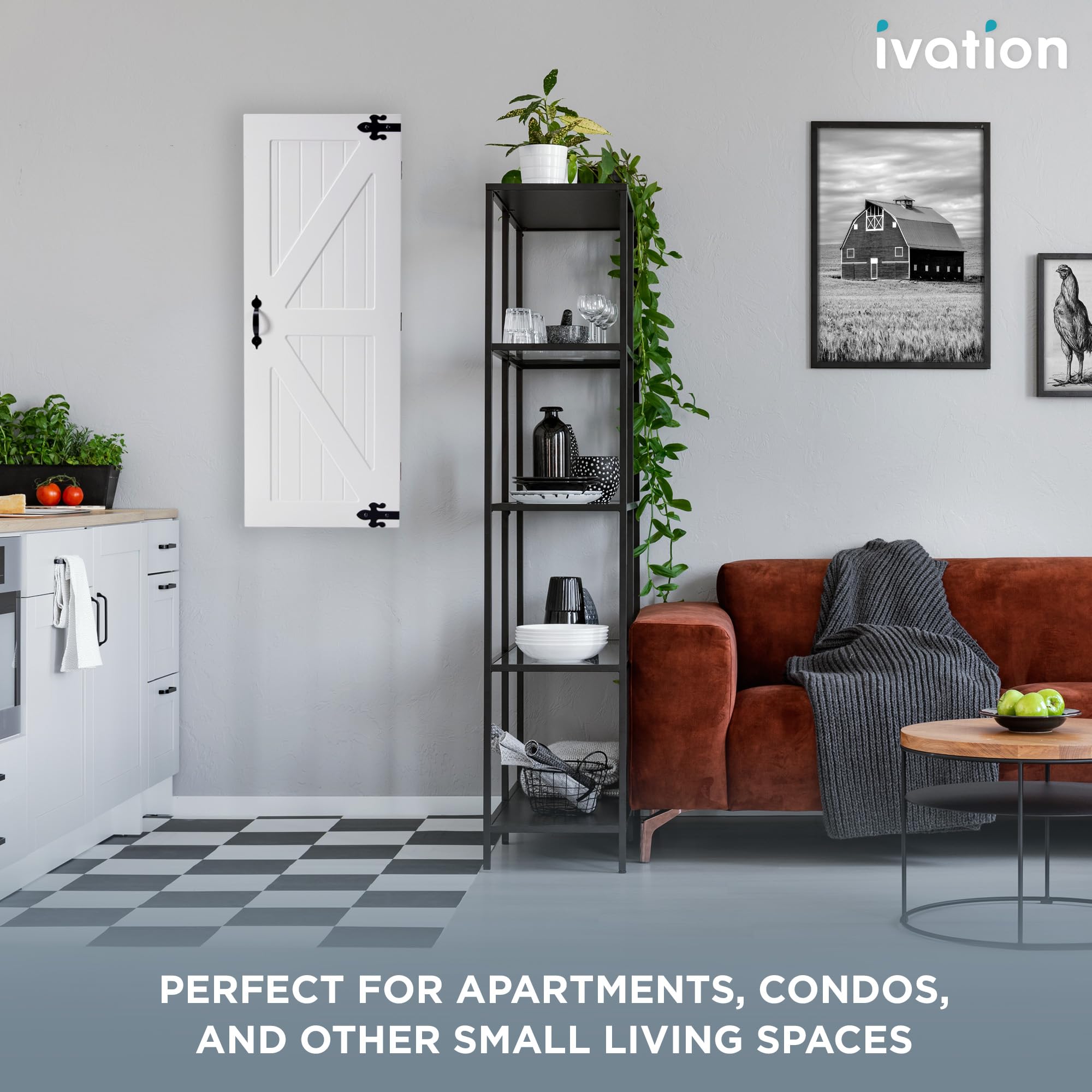 Ivation Wall-Mounted Ironing Board Cabinet with Farmhouse Door, Foldable Ironing Storage Station for Home, Apartment & Small Spaces, Easy-Release Lever, White
