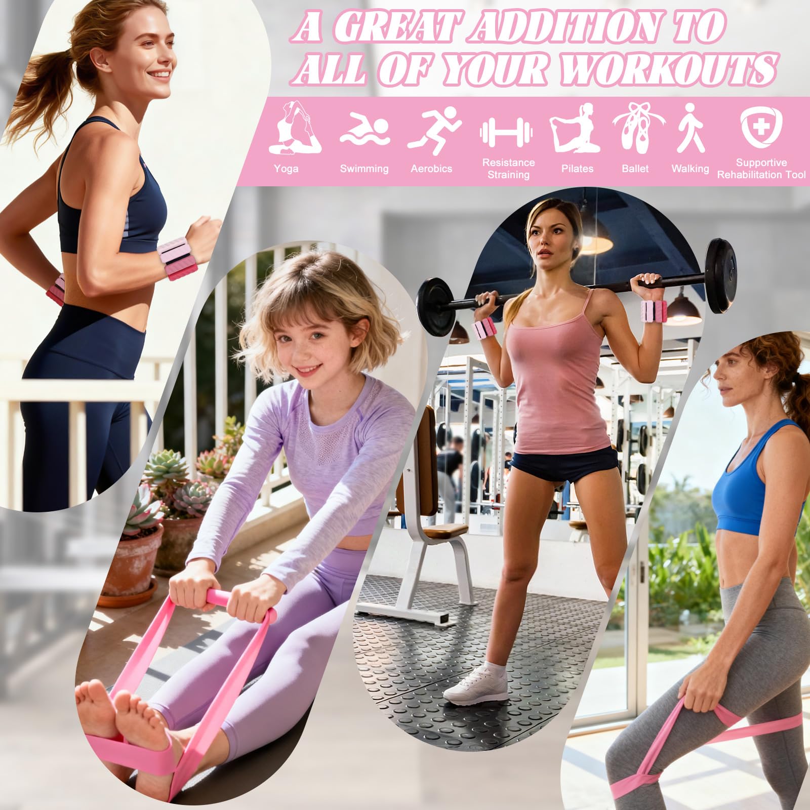 Ankle Weights Resistance Bands Set for Women,Adjustable Wrist Weights Wearable Arm Leg Weight Set of 2(1Lbs Each),Elastic Exercise Loop Bands with 3 Levels(15/25/35 LBS),for Gym, Yoga, Pilates, Cardio & Strength Training