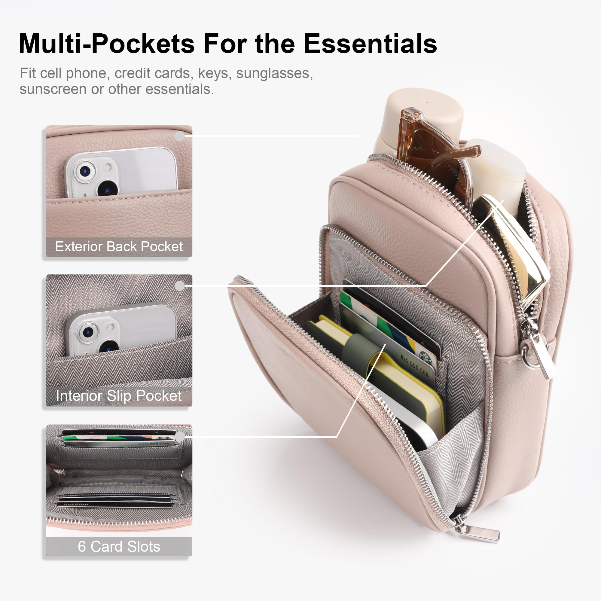 befen Genuine Leather Small Crossbody Purses for Women, Trendy Cell Phone Travel Purse Shoulder Cross Body Bags with Wide Straps, Nude Pink