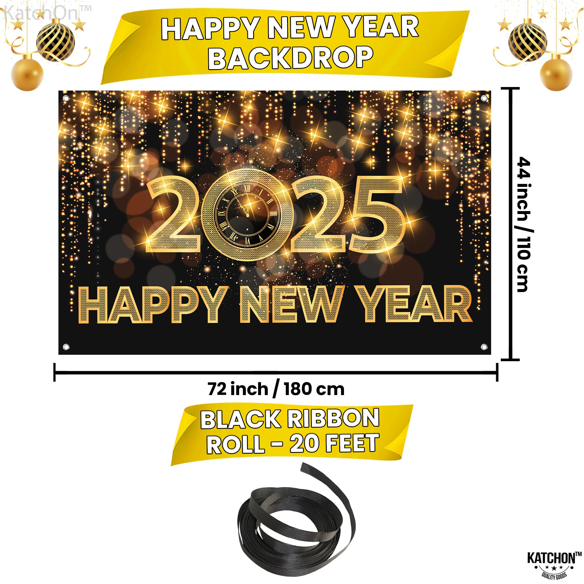 KatchOn, Happy New Year Banner 2025 - Huge 72x44 Inch | New Years Backdrop 2025, Happy New Year Decorations 2025 | New Years Eve Backdrop, New Years Eve Party Supplies 2025 | New Years Eve Decorations