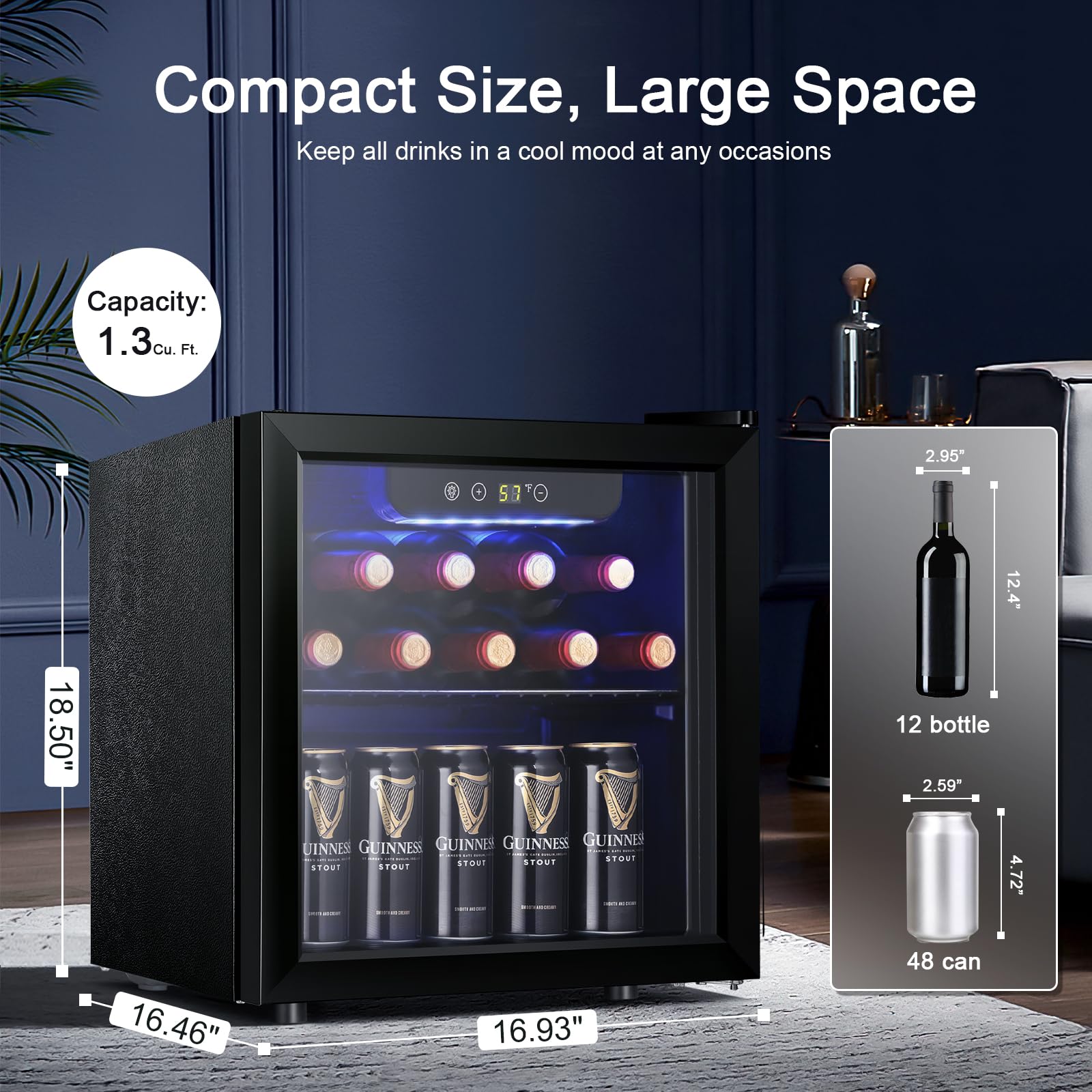 Antarctic Star 12 Bottle 48 Can Wine Cooler/Cabinet Beverage Refrigerator Mini Fridge Low Noise Clear Glass Door Counter Top Cellar for Beer Soda Bar 1.3 cu.ft Black