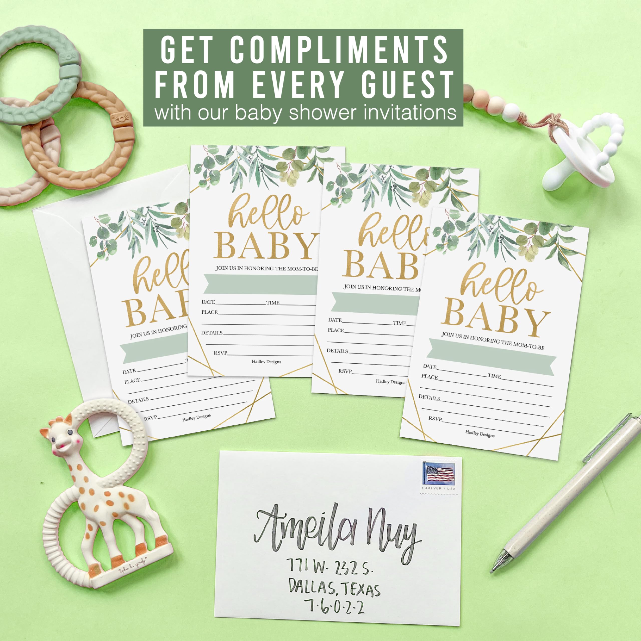 Hadley Designs 15 Greenery Baby Shower Invitations Gender Neutral - Baby Shower Invitations For Girl, Boy Baby Shower Invites For Boy, Baby Boy and Girl Baby Shower Invitations With Envelopes