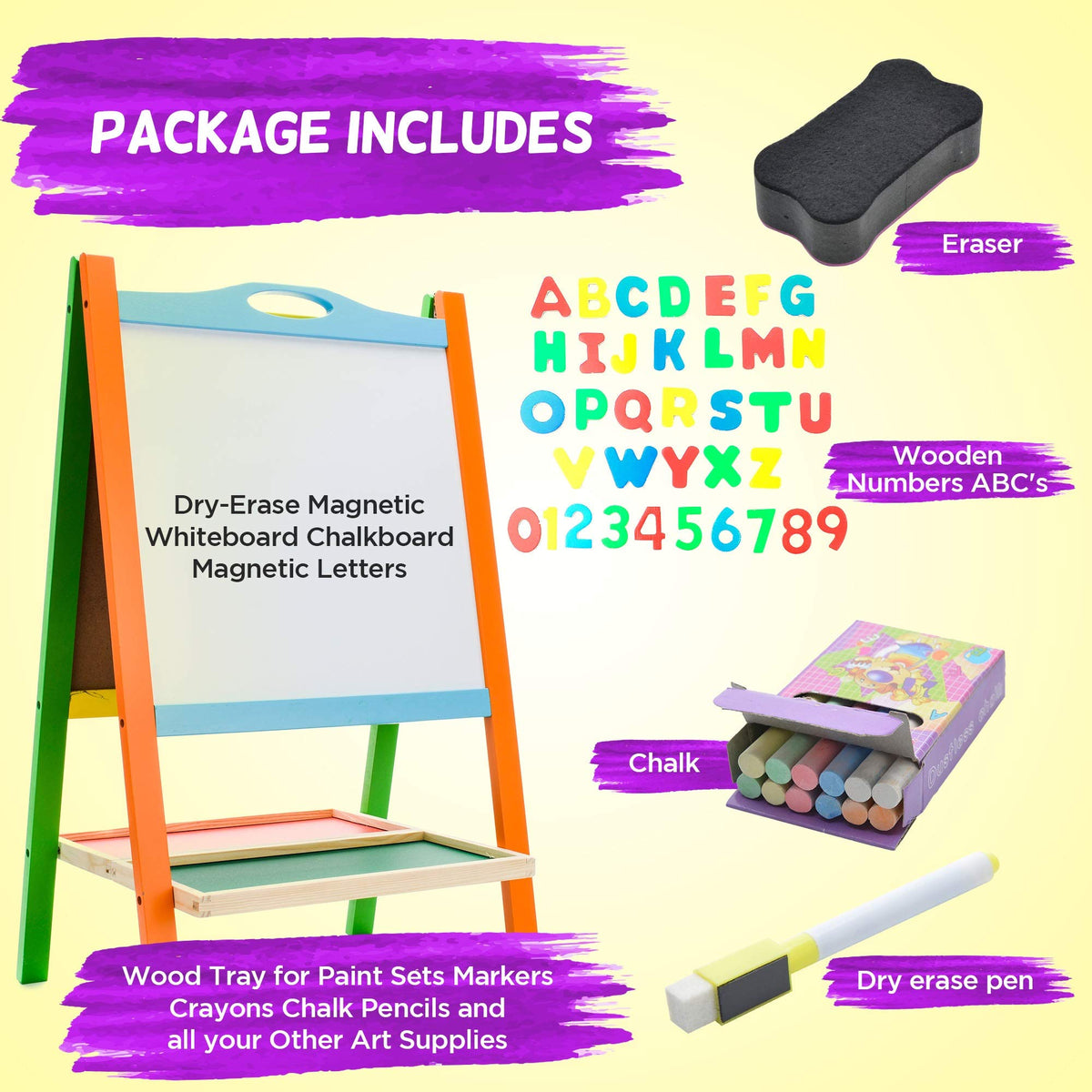 Double Sided Wooden Art Easel for Kids Standing Magnetic Whiteboard Chalkboard Small Toddler Toys. Includes Wooden ABC Numbers. Eco Friendly