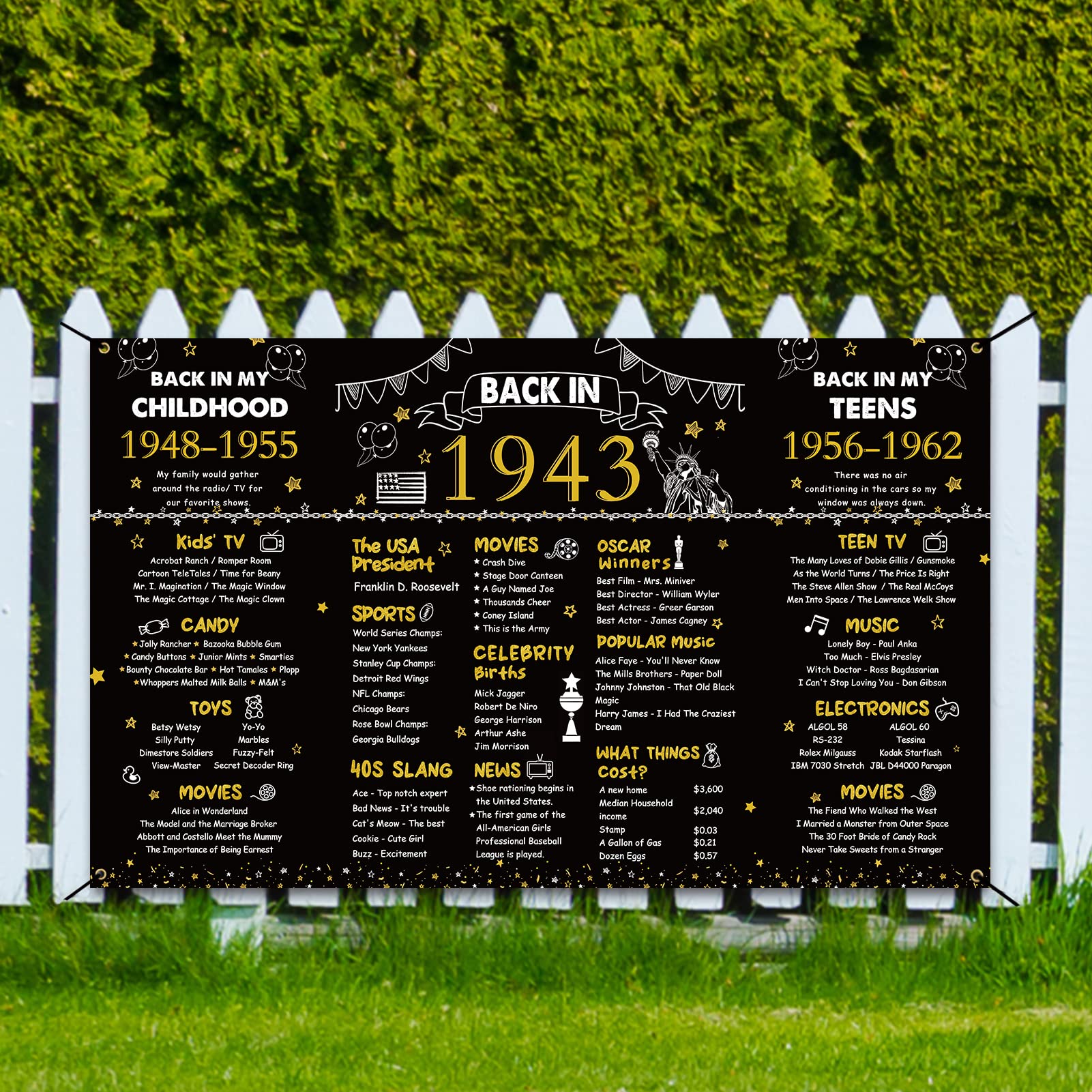 DARUNAXY 81st Birthday Black Gold Party Decoration, Back in 1943 Banner Cheers to 81 Years Old Birthday Party Poster Supplies, 6 * 3.6FT Vintage 1943 Backdrop Photography Background for Men and Women