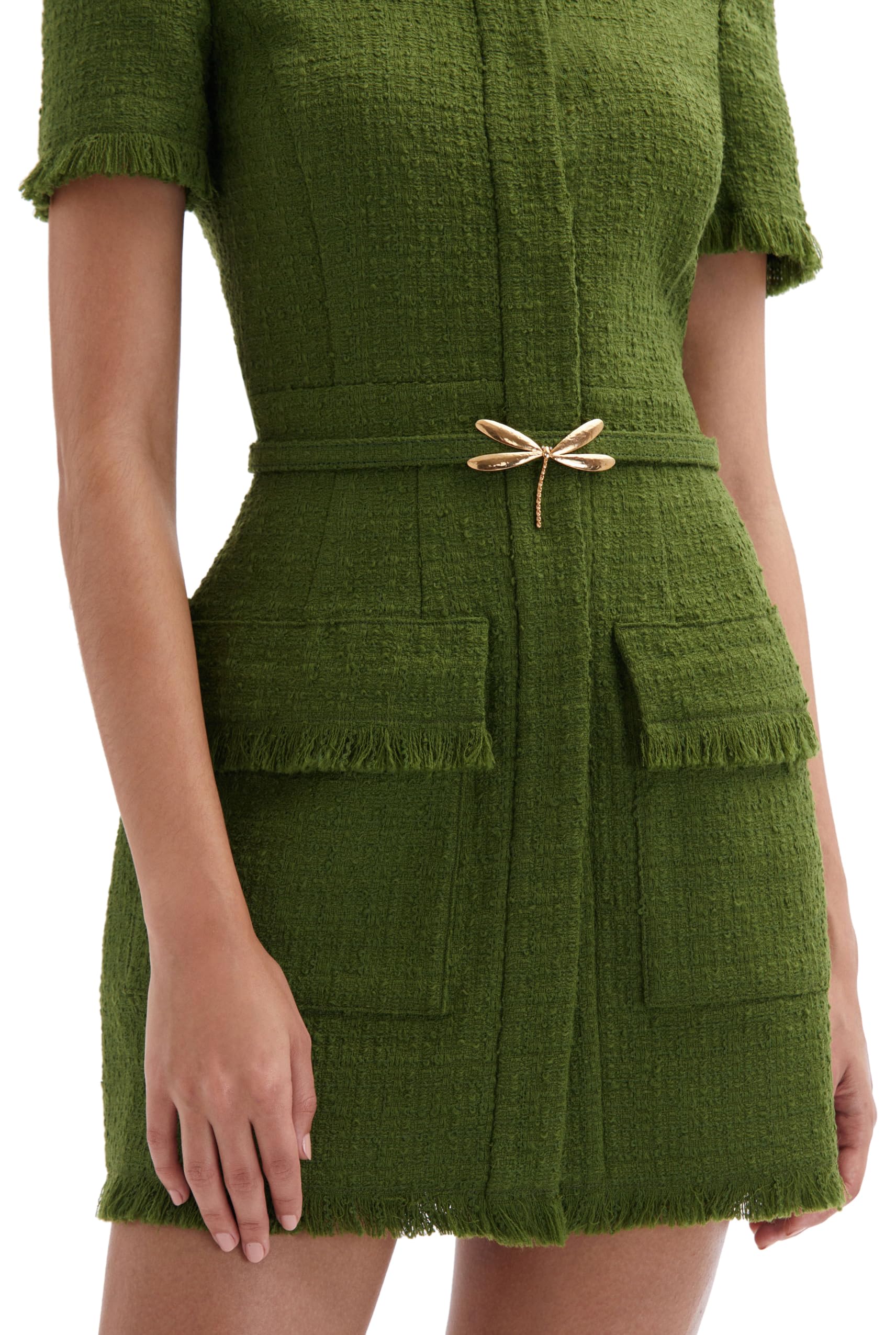 Oscar de la Renta, Dragonfly Belt Tweed Dress, Fern, 12