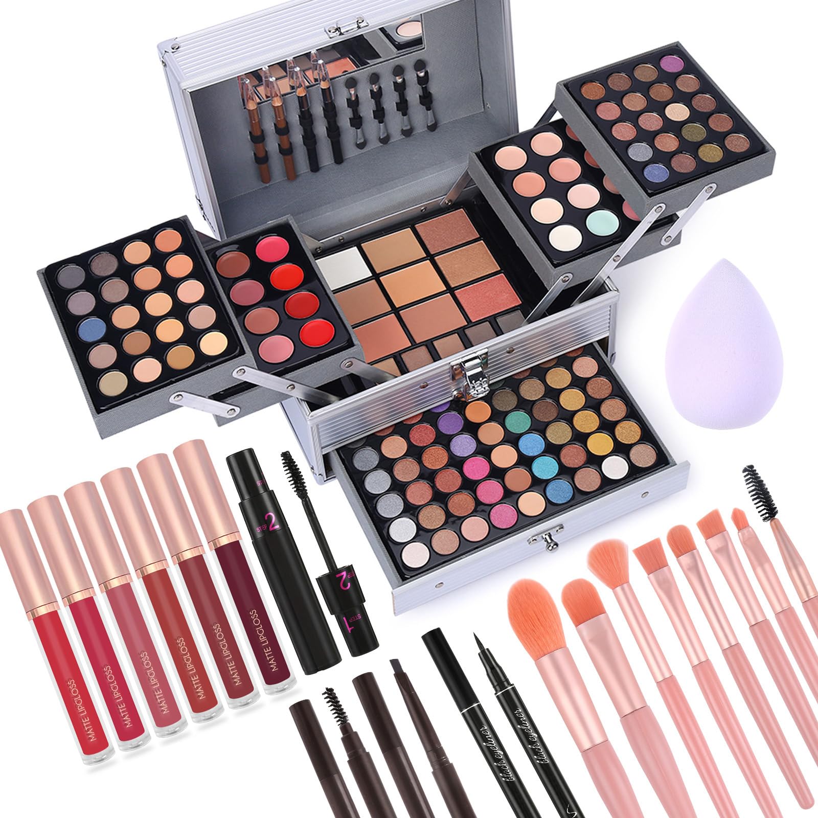 Makeup Gift Set For Women Girls, All in One Full Makeup Kit with Eyeshadow, Lip Gloss, Concealer, Blush, Contour, Highlighter Face Brushes Liquid Lipsticks Eyebrow Pen Mascara Eyeliner Pencil Sponge