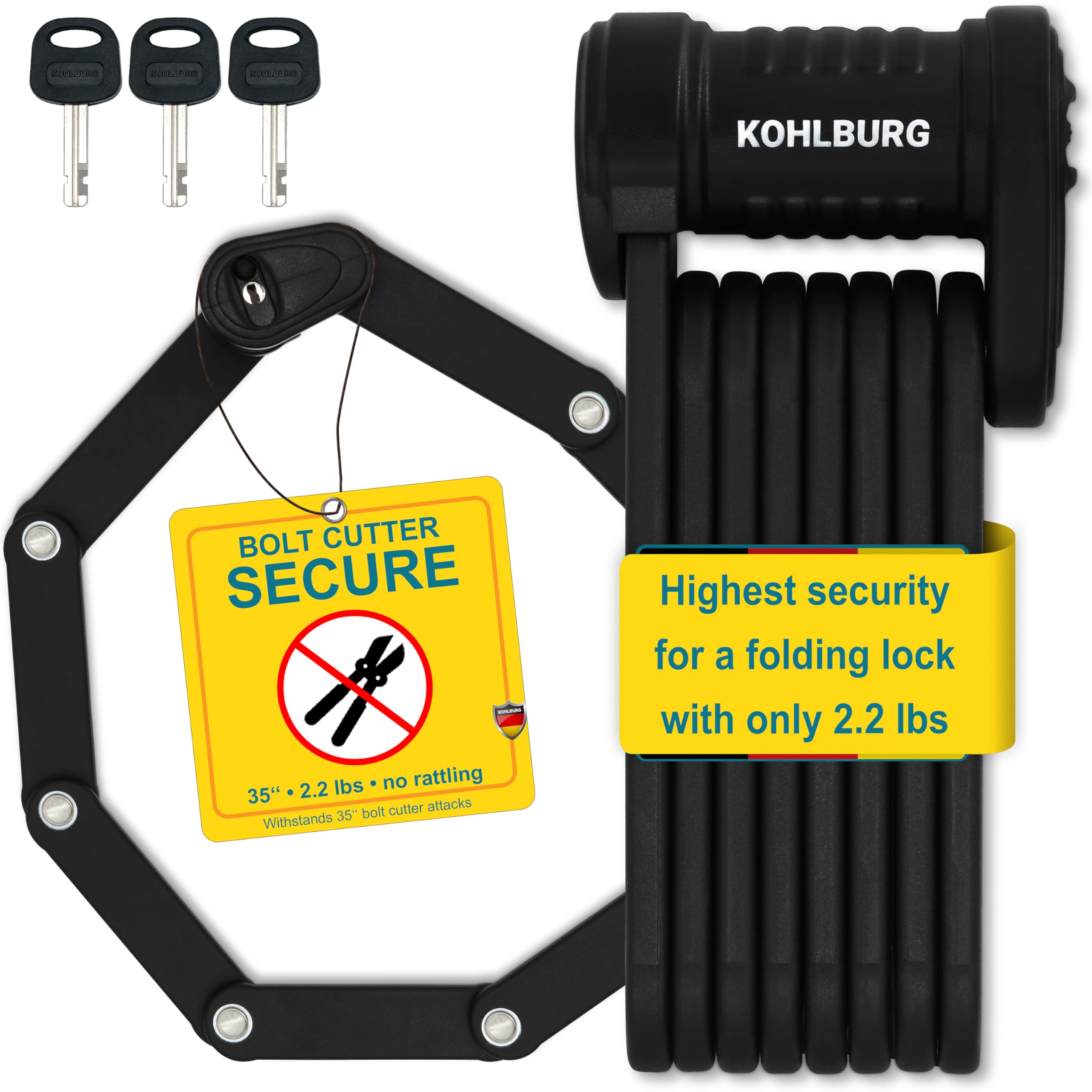 KOHLBURG Security Folding Lock only 2.2 lbs - 35" Foldable Bicycle Lock - German Security Standard - Very Secure Folding Bike Lock - Compact Heavy Duty Bike Lock with Keys & Bracket for e Bike Scooter