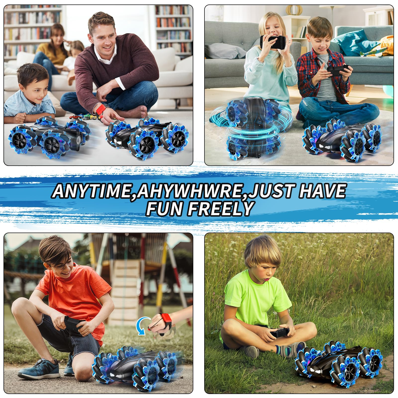 Aiqi RC Gesture Sensing Stunt Car,2.4GHz 4WD Remote Control Car with Cool Light,Double Sided Rotating Off Road Vehicle 360° Flips Cars for 6-12 Year Old Boys Girls Birthday Presents(Blue)
