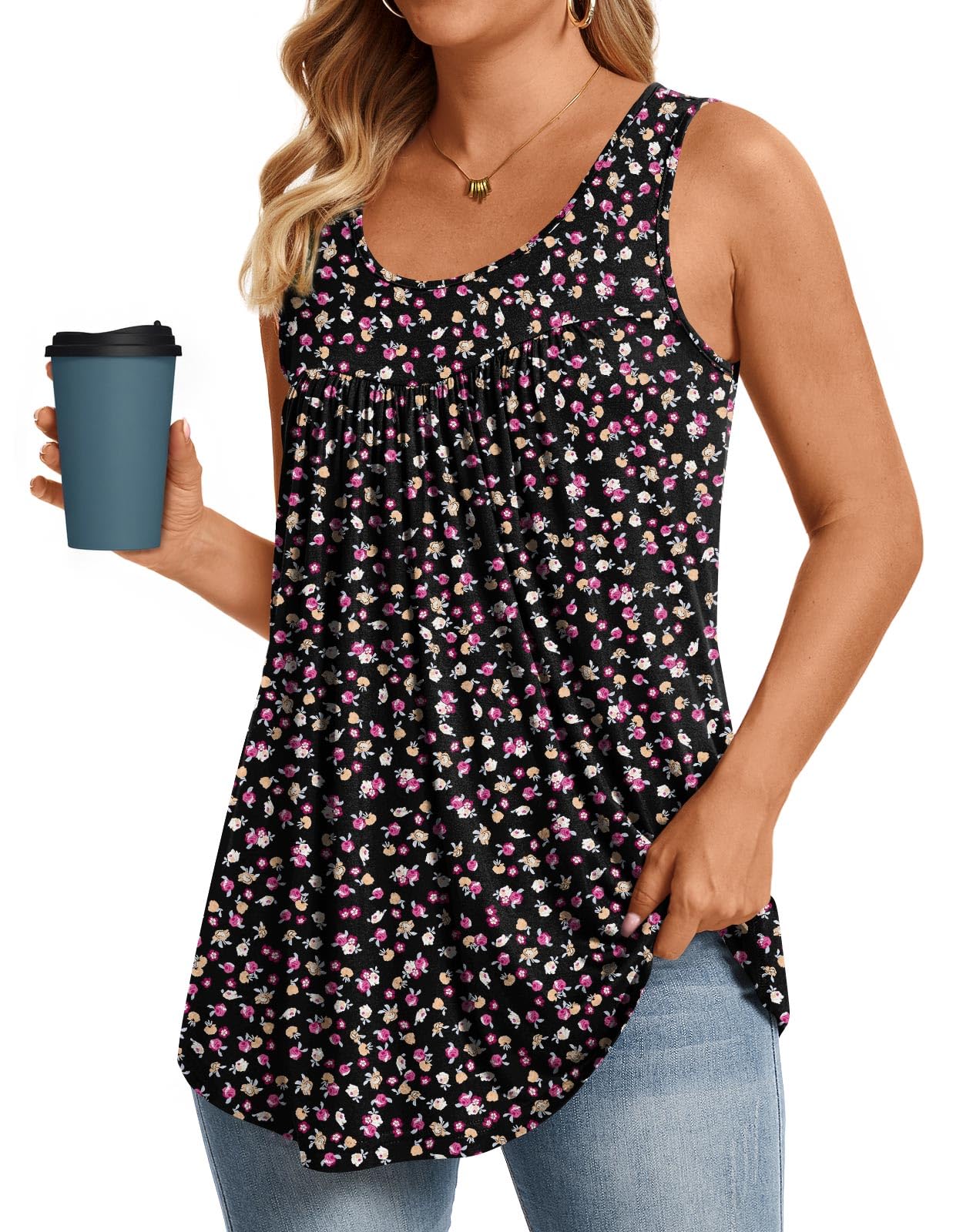 Anydeer Womens Summer Tank Tops Sleeveless Shirts 2025 Casual Tunics Loose Fit Blouses for Ladies Plus Size M-4XL, 4XL, Small Floral-Black