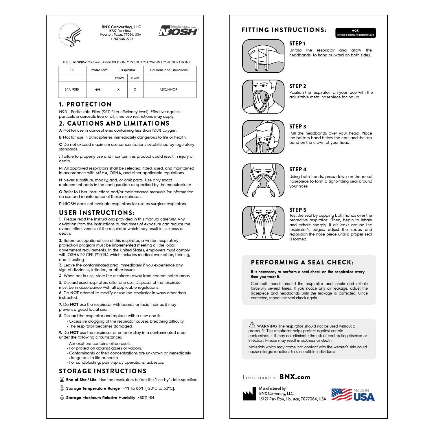 AccuMed BNX N95 Mask Black NIOSH Certified MADE IN USA Particulate Respirator Protective Face Mask (20-Pack, Approval Number TC-84A-9315 / Model H95B) Black