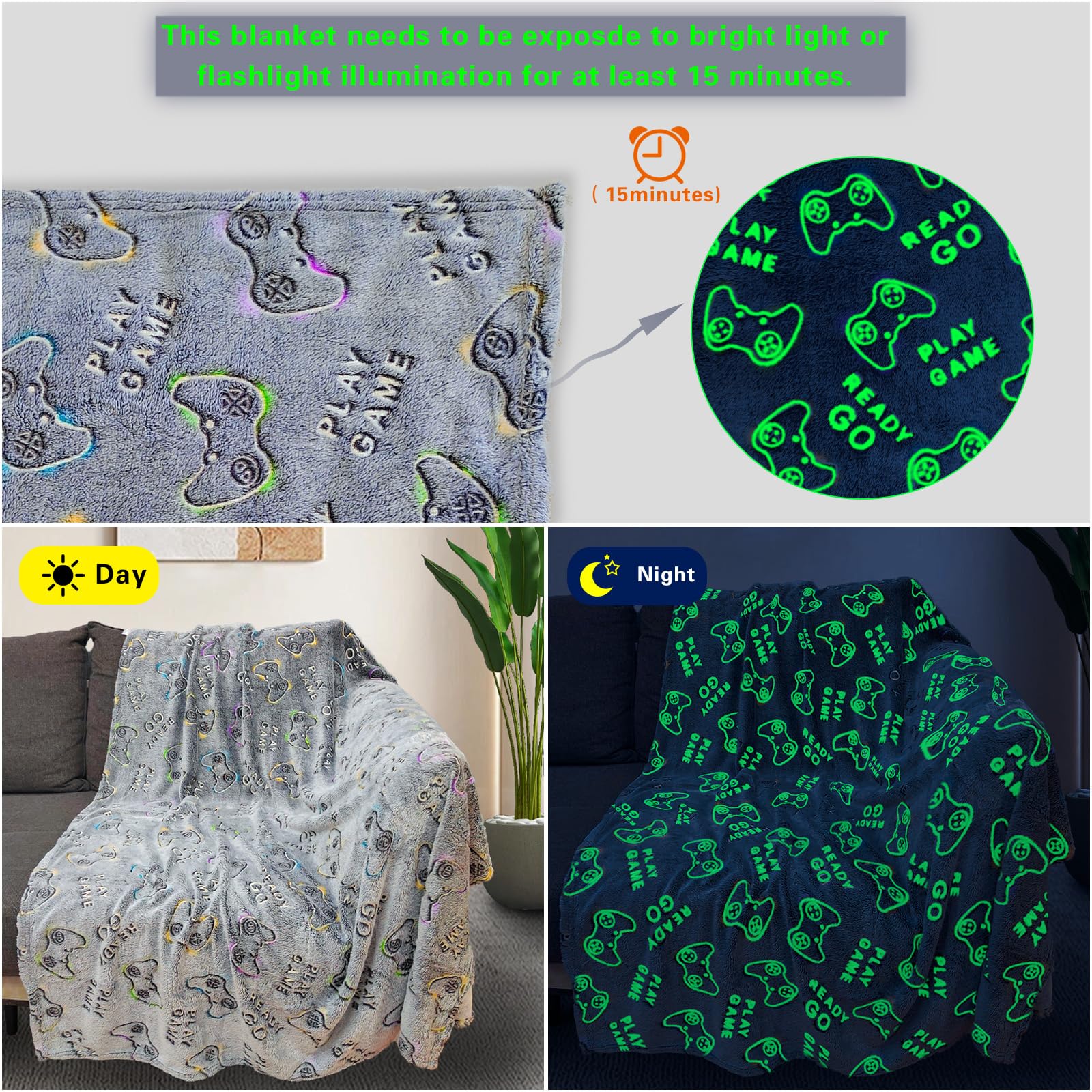 Glow in The Dark Gaming Blanket Gamer Game Controller Throw Gift, Boys Teen Soft Cozy Gaming Blanket Gamer Gifts Game Decor Blankets for Home Bedroom Gaming Gifts for Teenage Boys/Men 50"x60" (Game)