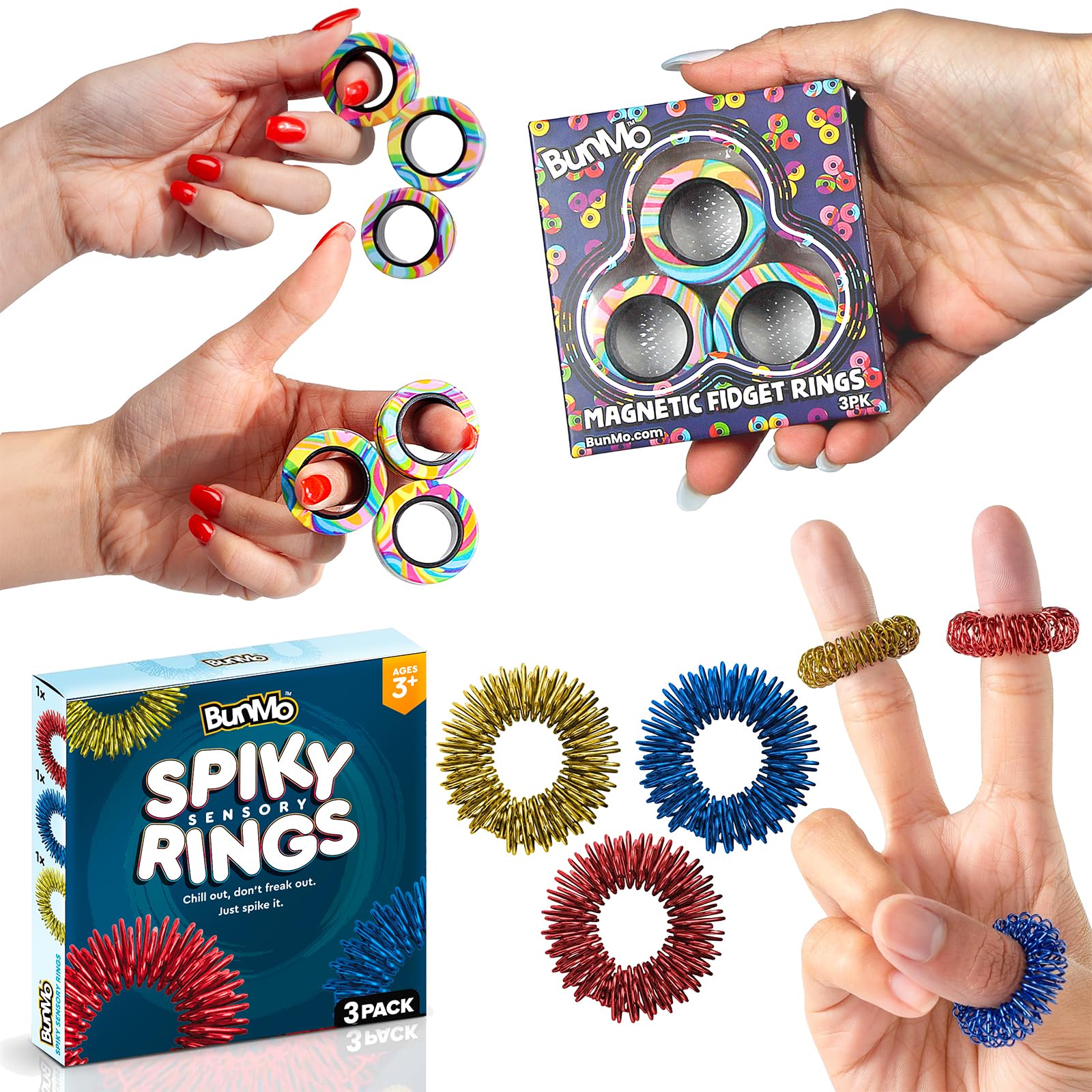 BunMo Fidget Ring Bundle | Spiky Sensory & Magnetic Rings | 3-Pack Fidgets for Adults & Teens 14+