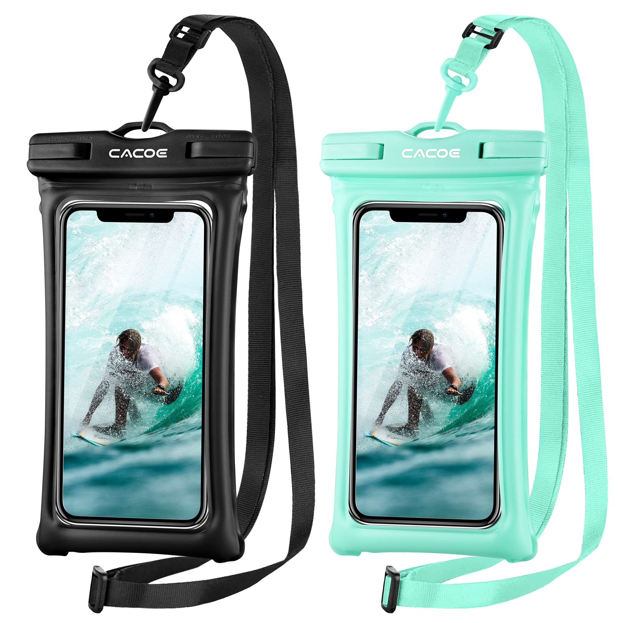 [Floatable]CACOE Floating Universal IPX8 Waterproof Phone case 2 Pack-Up to 7.0",Adjustable Neck Lanyard Phone Pouch,Phone Dry Bags for Vacation Beach Pool Kayak Cruise Travel Essentials（Black+Green）