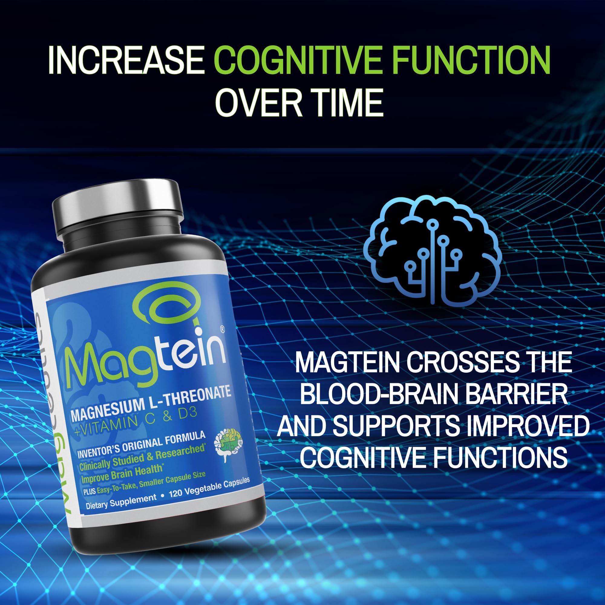 Magtein Magnesium L-Threonate to Improve Cognition, Focus, Memory, Sleep Quality and Brain Health with Small Caps - 120 Vegetable Capsules