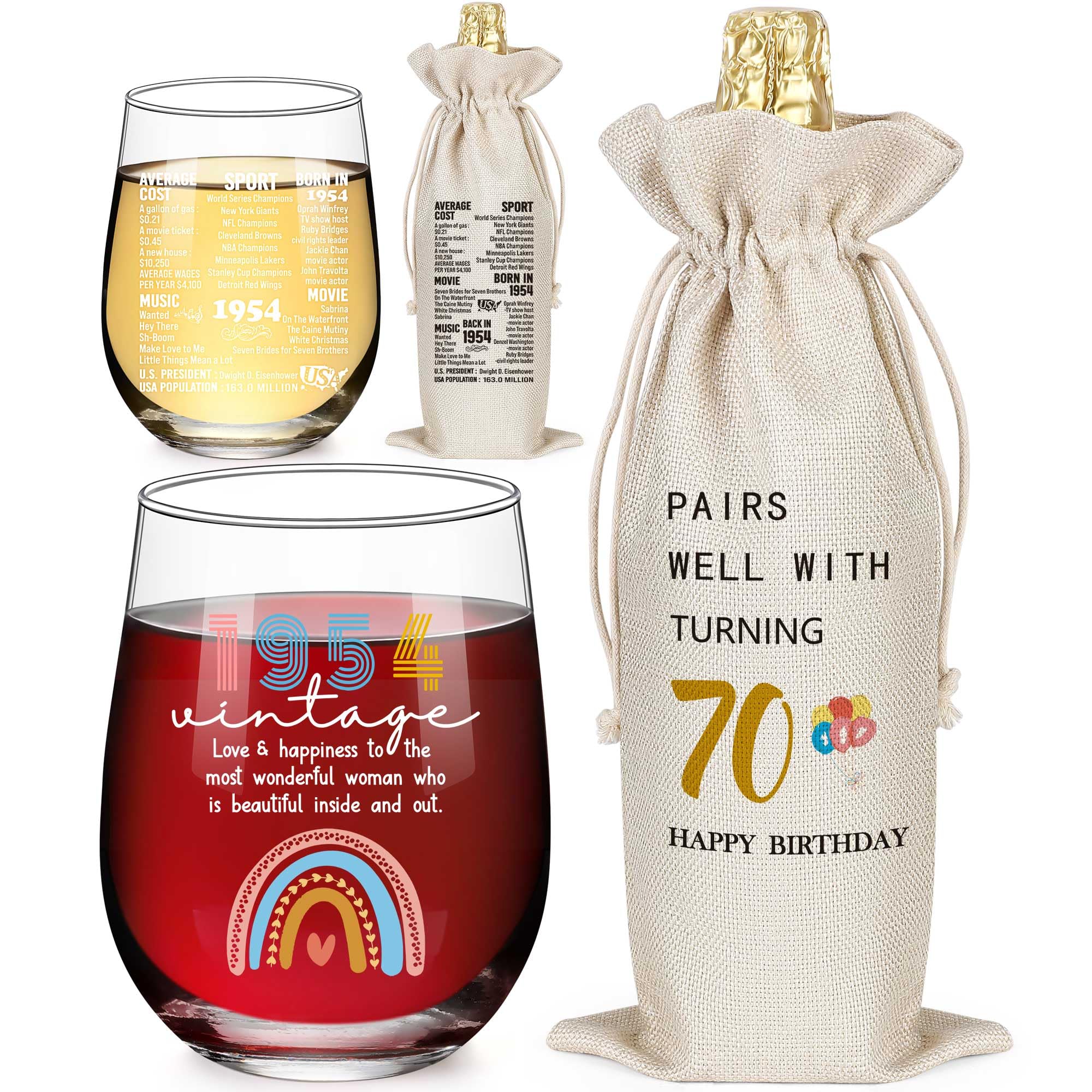 LEJIAJINW 70th Birthday Gifts for Her - 70 Years Old Birthday Gifts for Women - Vintage 70th Birthday Decorations for Women - 70 Year Old Presents Stemless Wine Glass (1 Glass, 1 Bag)