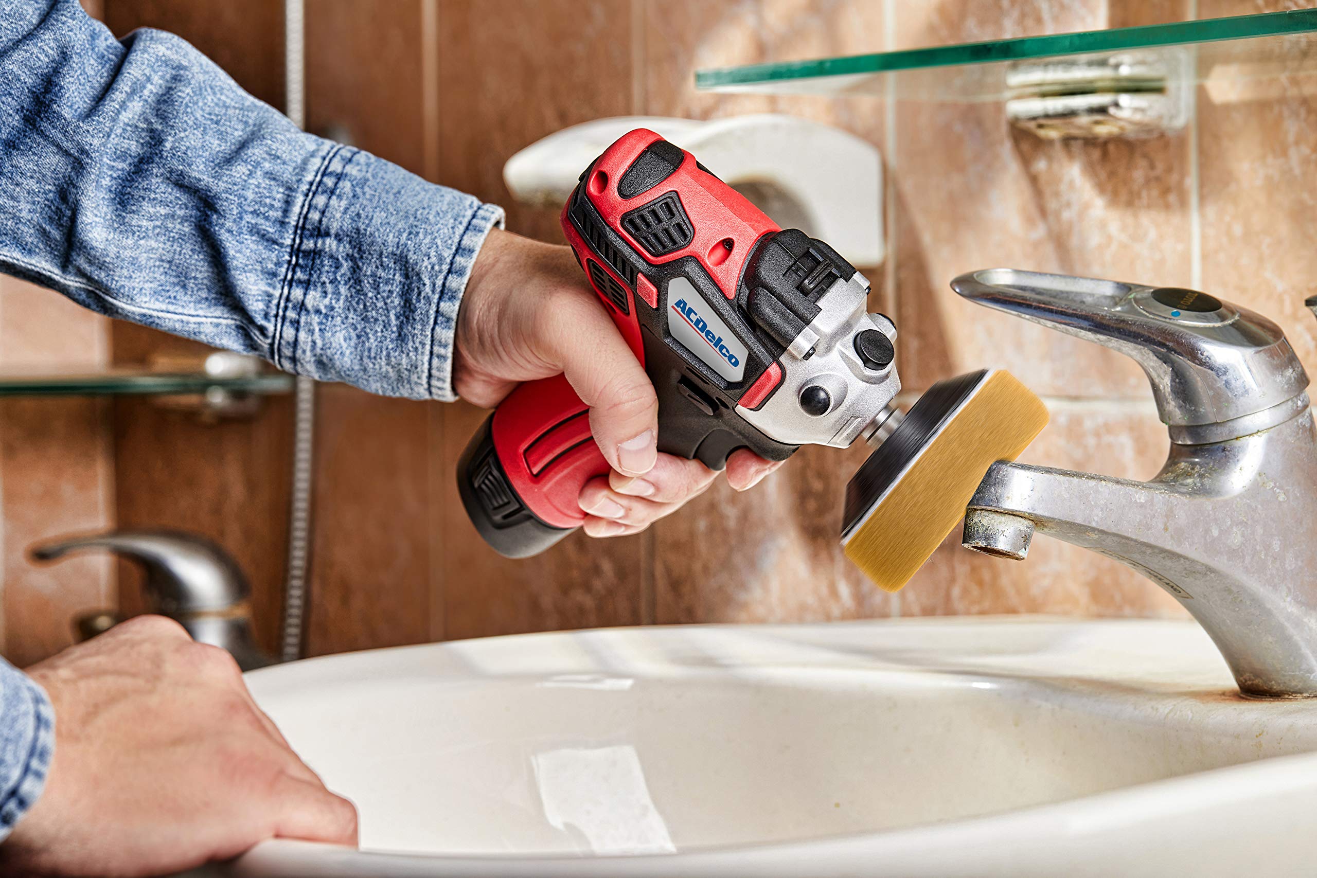 ACDelco Mini Cordless Polisher Tool Set 2 Speed 12V 3” Pad, Set with 2 Li-ion Batteries, Charger, and Accessory Kit, G12 Series ARS1214,Red