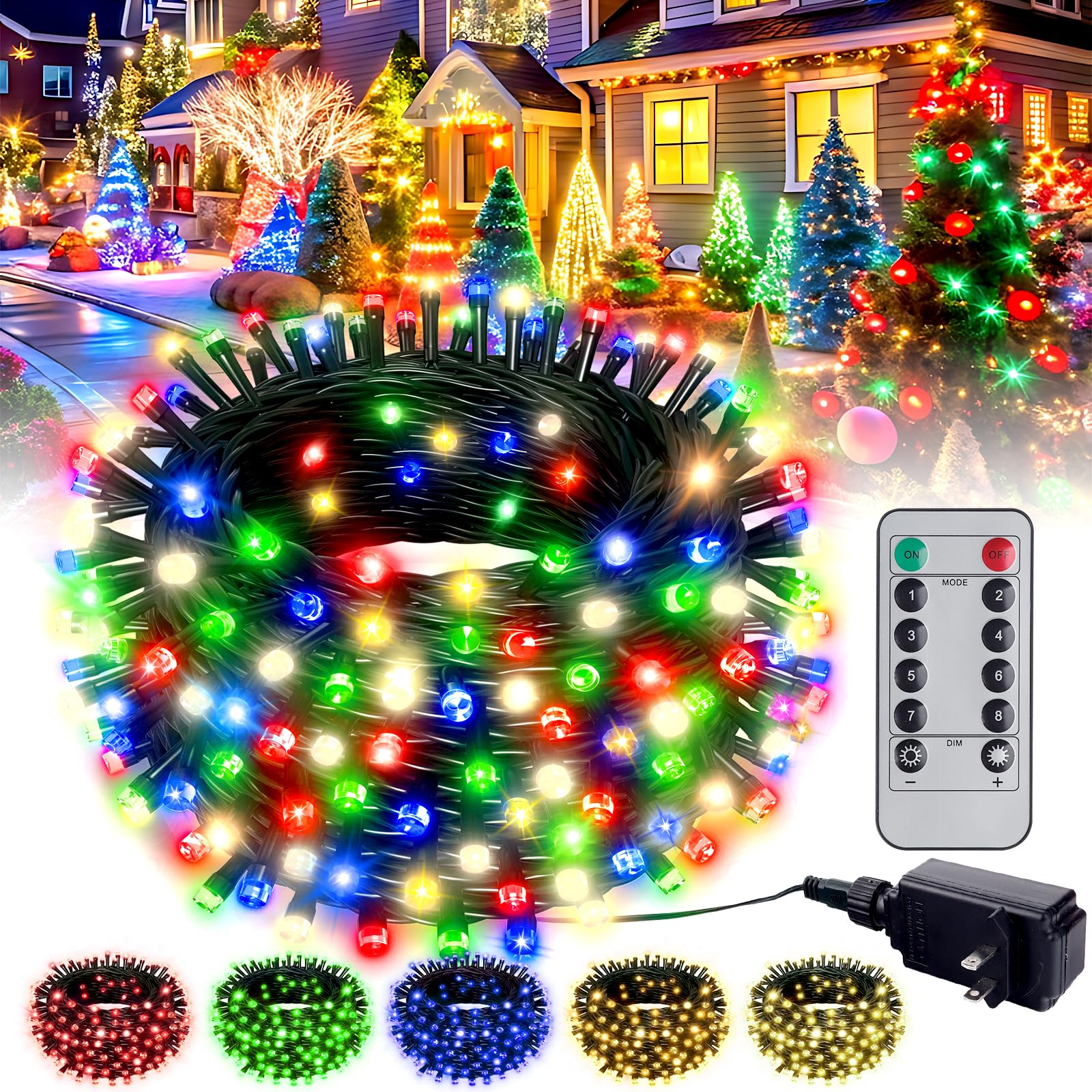 Plunack 330ft, 1000 LED String Lights, Warm White & Multicolor Christmas Lights Outdoor Indoor 8 Modes Waterproof Christmas Tree Lights, for Yard Room Xmas Party Decorations