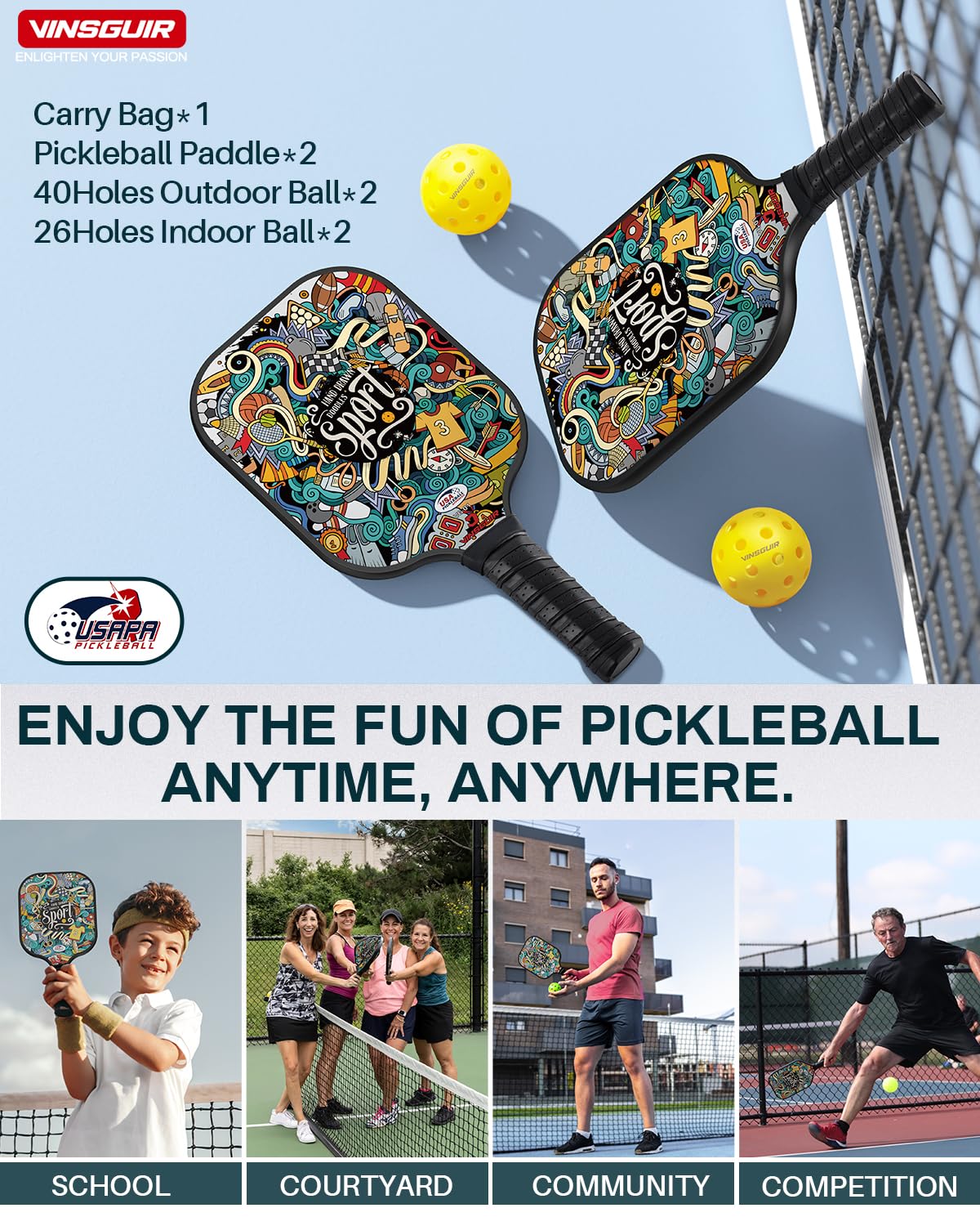 VINSGUIR Pickleball Paddles Set, USAPA Approved Pickle Ball Paddle Set of 2 with 4 Pickleball Balls and Bag, Pickleball Rackets Gifts for Women Men Beginners