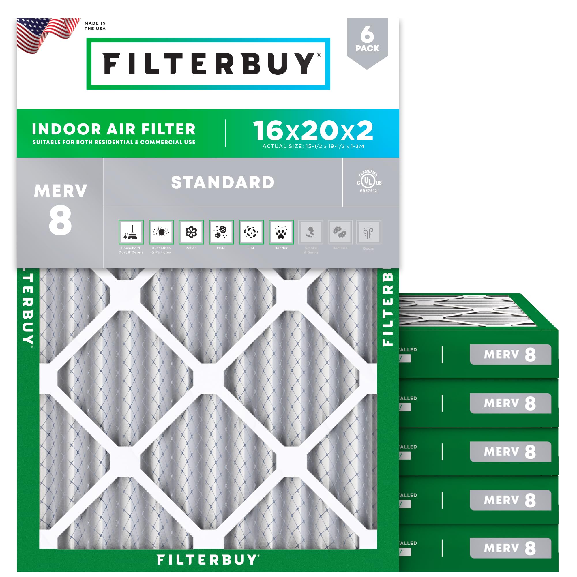 Filterbuy 16x20x2 Air Filter MERV 8 Dust Defense (6-Pack), Pleated HVAC AC Furnace Air Filters Replacement (Actual Size: 15.50 x 19.50 x 1.75 Inches)