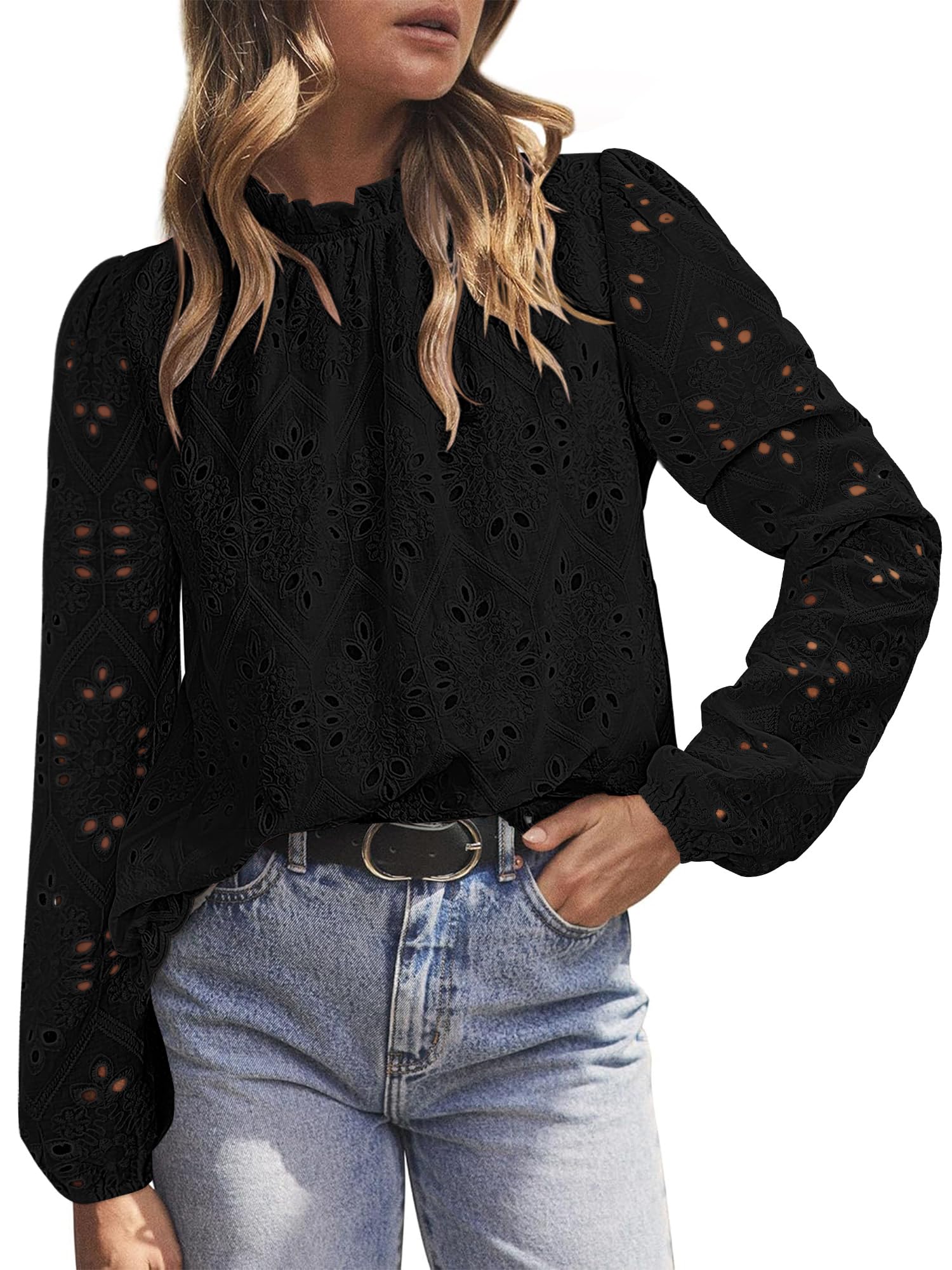 BETTE BOUTIK Woman Blouse Hollow Oversized Tunics Flowy Lady Tops Trendy Shirt for Women Long Sleeve Shirts Black X-Large