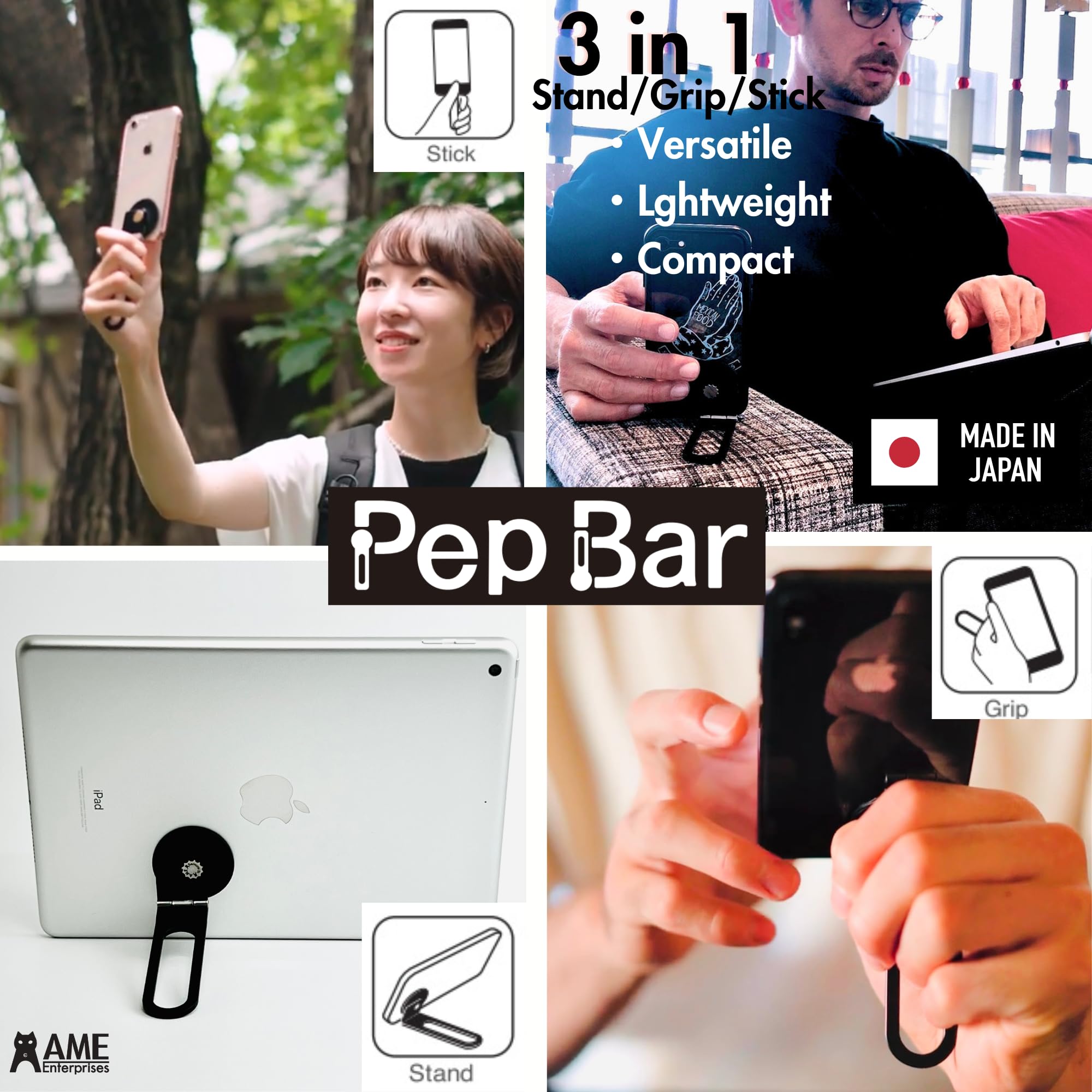 Pep Bar Cell Phone Stand Compatible with MagSafe® Cherger 360° Rotation 180°flip Metal Foldable Compact Selfie Stick Grip Ring iPhone Android iPad Tablet Made in Japan (Black)