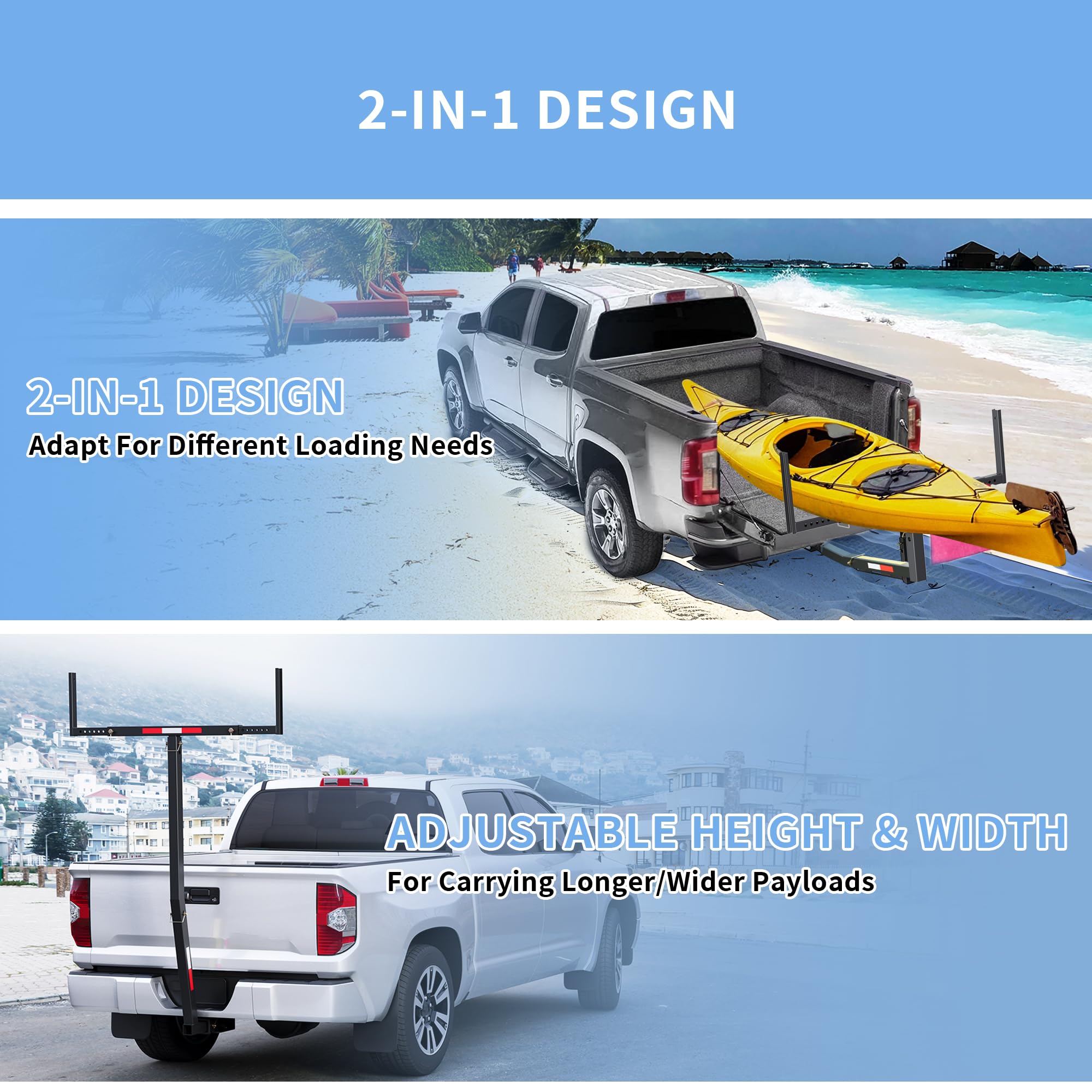 ECOTRIC Truck Bed Extender Pickup Truck Bed Hitch Mount Extension Rack SUV Lumber Ladder Canoe Boat Kayak Long Pipes w/Flag 750lbs Capacity