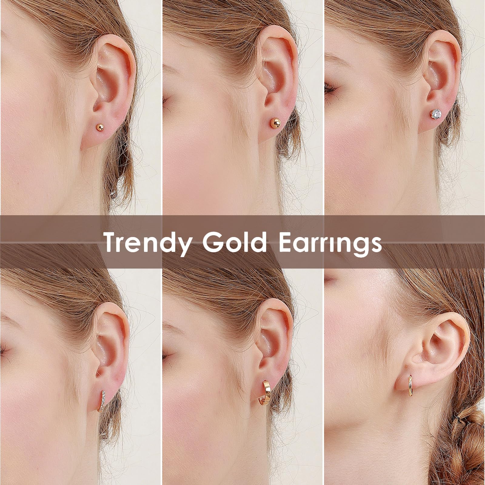 Earring Sets for Multiple Piercing, Gold Studs Earrings for Women Flat Back Stud Earrings Huggie Hoop Earrings Set Hypoallergenic 14K Gold Plated Earrings Lightweight Small Cubic Zirconia Gold Ball Cartilage Studs Earrings for Women Girls Men