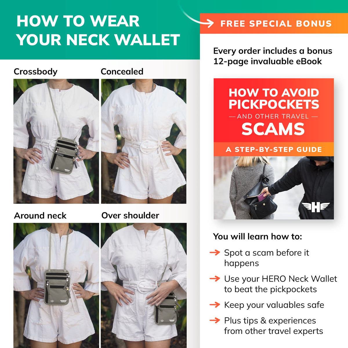 HERO Neck Wallet – RFID Blocking Passport Holder – Easy to Conceal Travel Pouch