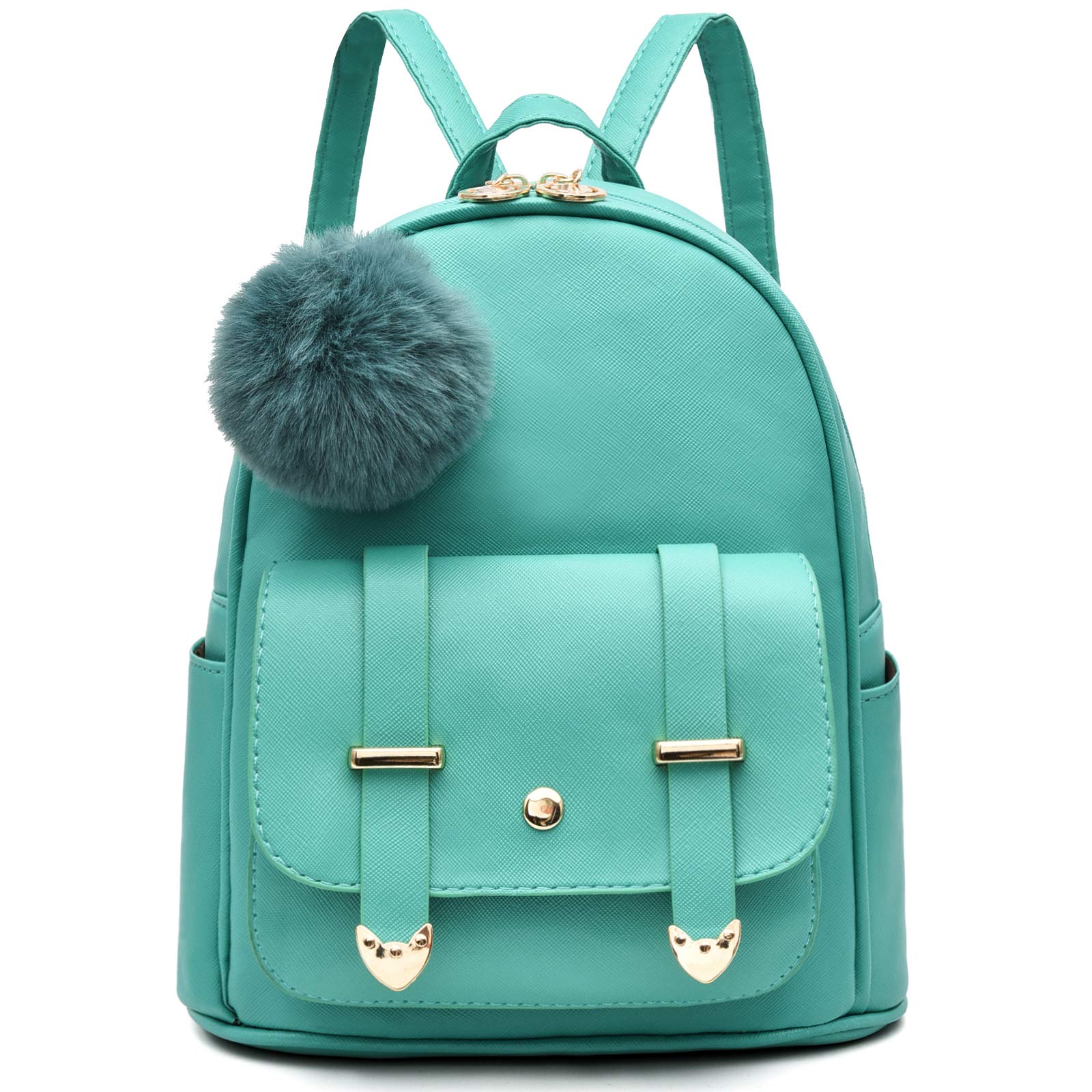 I IHAYNER Girls Fashion Backpack Mini Backpack Purse for Women Teenage Girls Purses PU Leather Pompom Backpack Shoulder Bag Turquoise