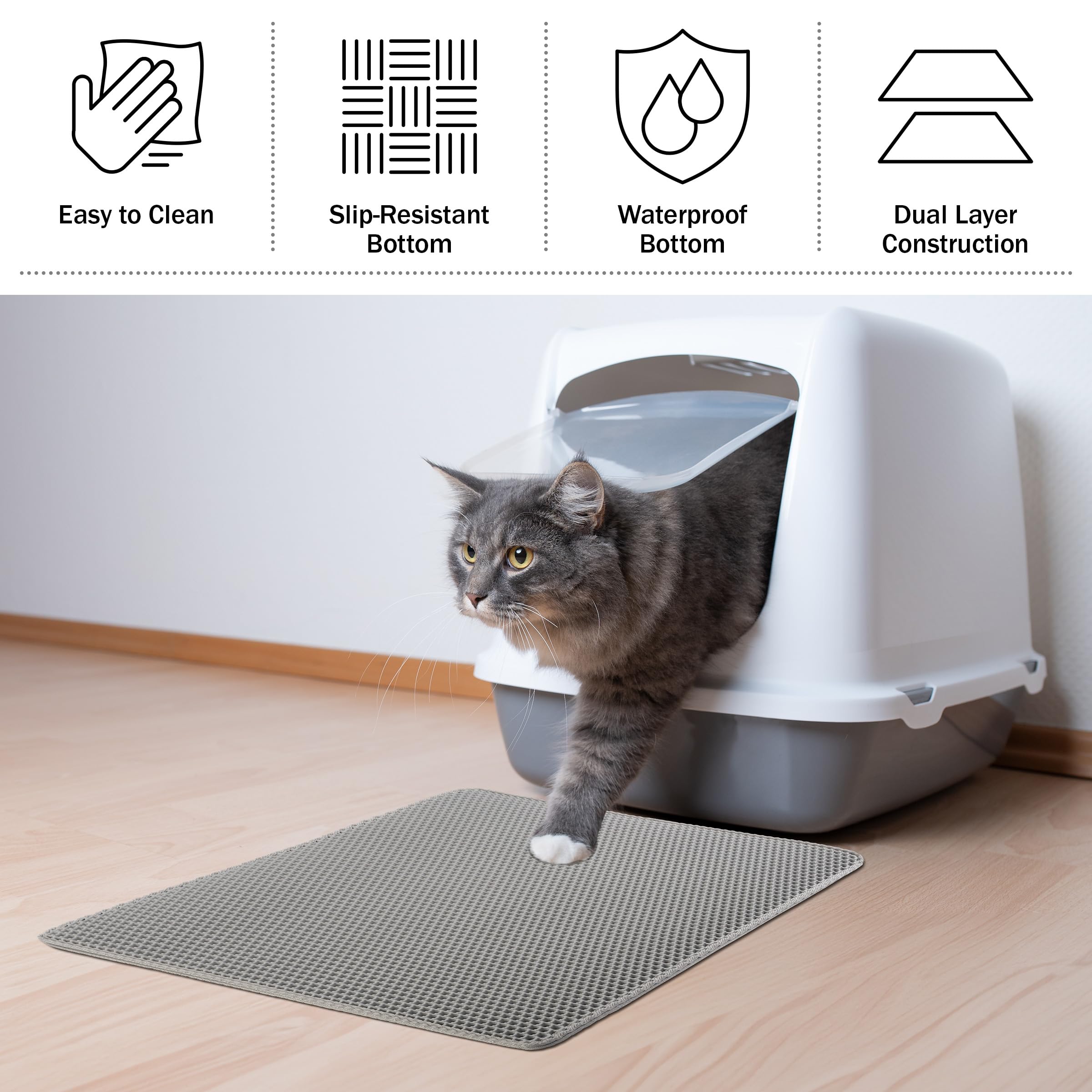 Cat Litter Mat - 24x15-Inch Waterproof Litter Box Mat with Dual-Layer Honeycomb Design for Trapping Litter - Slip-Resistant Cat Mat by PETMAKER (Gray)