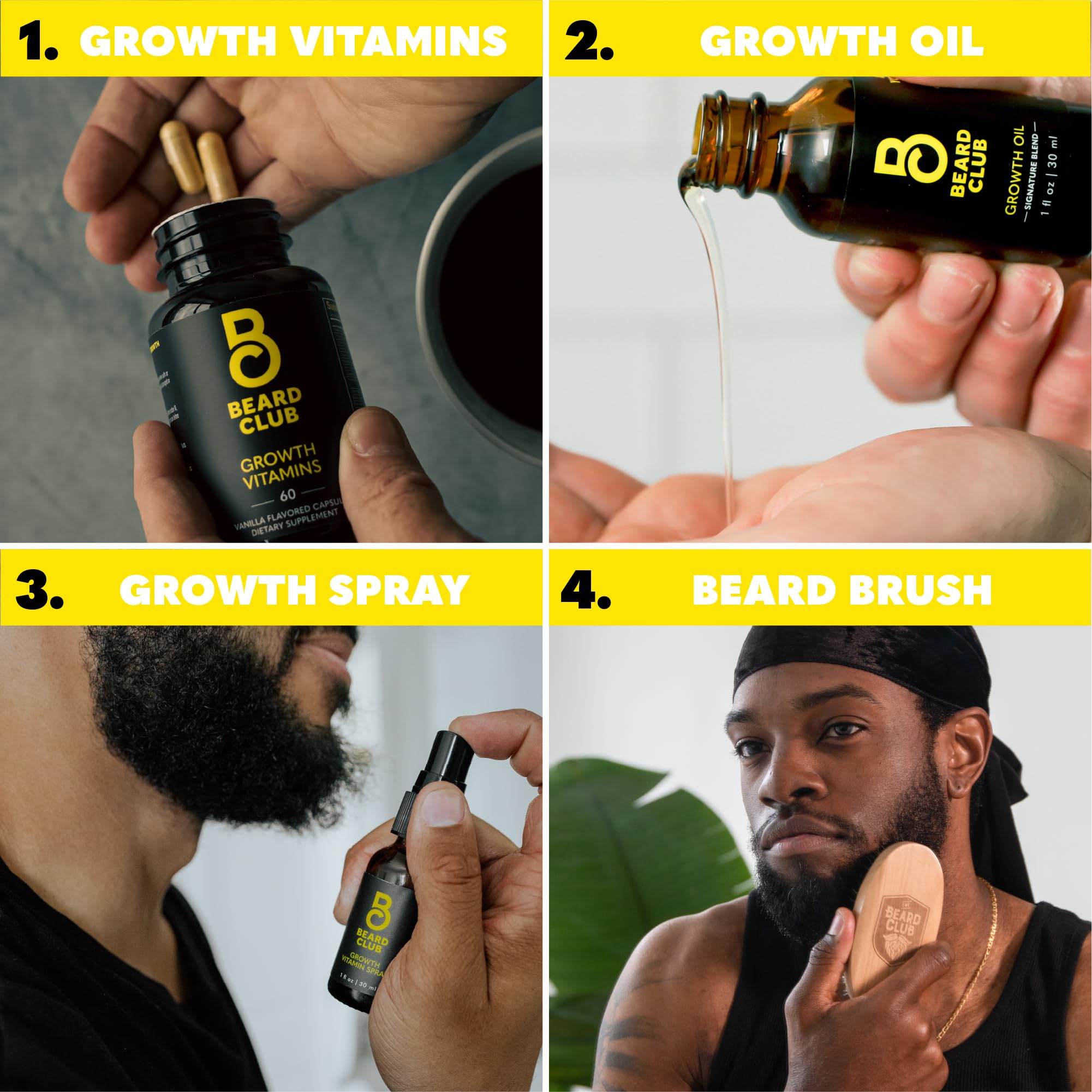 The Beard Club Essential Beard Growth Kit - Beard Growth Oil, Vitamins, Vitamin Spray & Beard Brush - Gift Set - Cedar Scent, 4 Piece Set