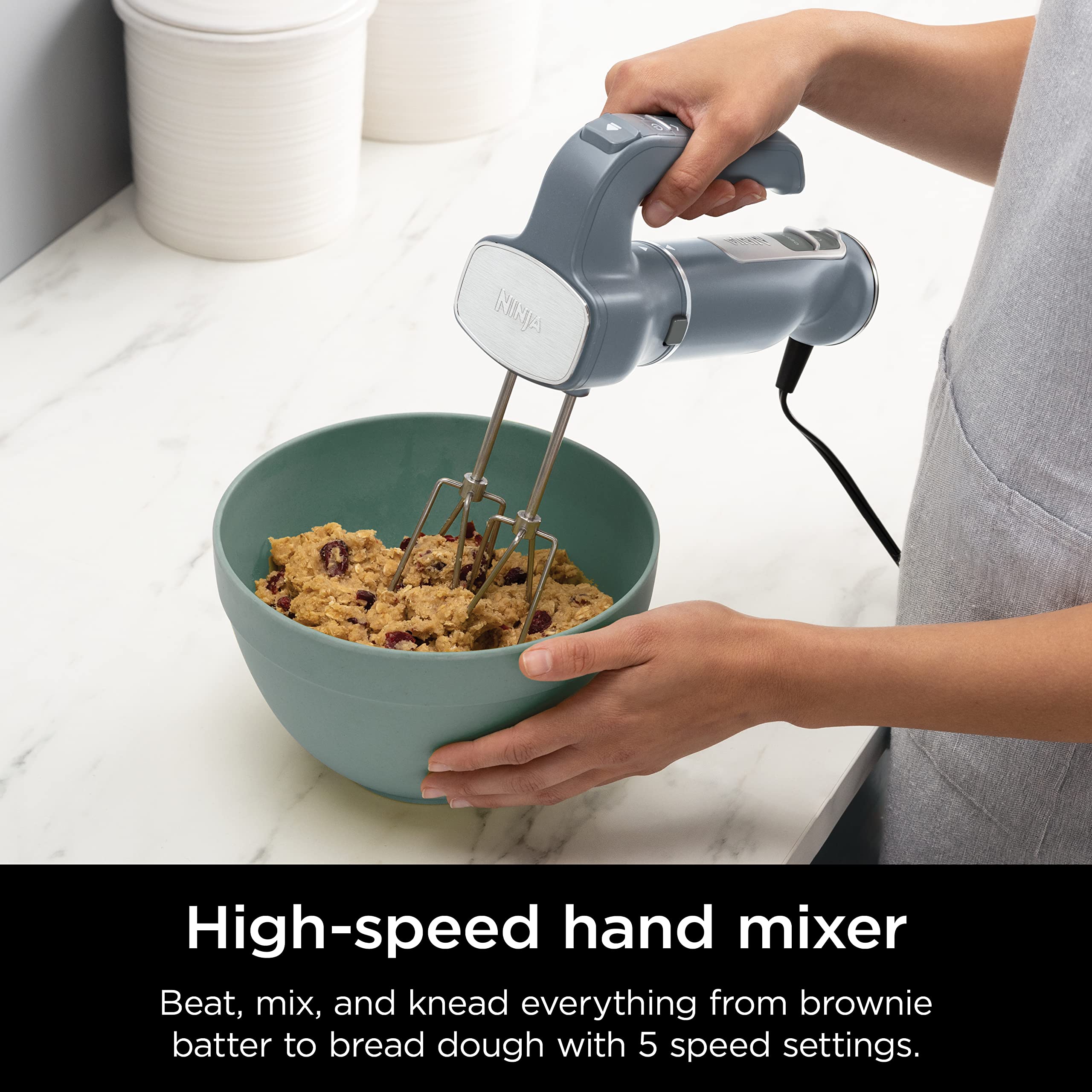 Ninja CI105BRN Foodi Power Mixer System, 750-Peak-Watt Immersion Blender and Hand Mixer, EasyGlide Beaters, Dough Hooks, 3-Cup Blending Vessel, Sea Salt Gray