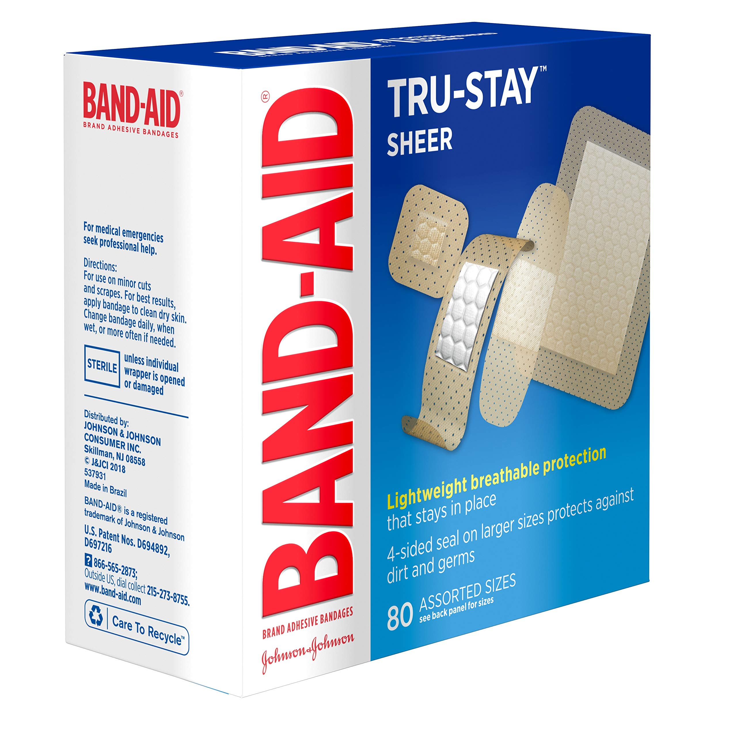 Band-Aid Brand Tru-Stay Sheer Strips Adhesive Bandages for First Aid and Wound Care, Assorted Sizes, 80 ct