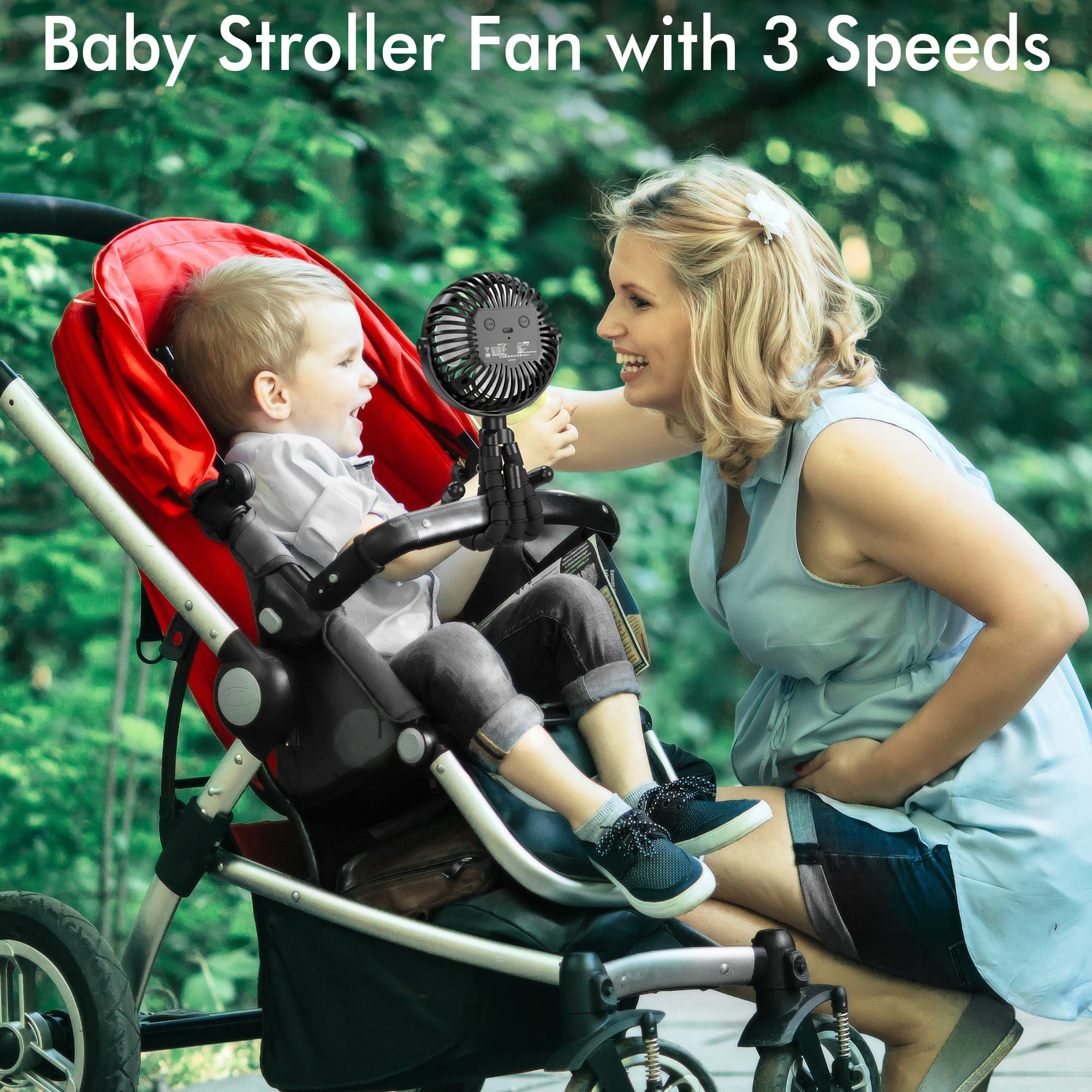 AMACOOL Battery Operated Stroller Fan Flexible Tripod Clip On Fan with 3 Speeds and Rotatable Handheld Personal Fan for Car Seat Crib Bike Treadmill (Black)