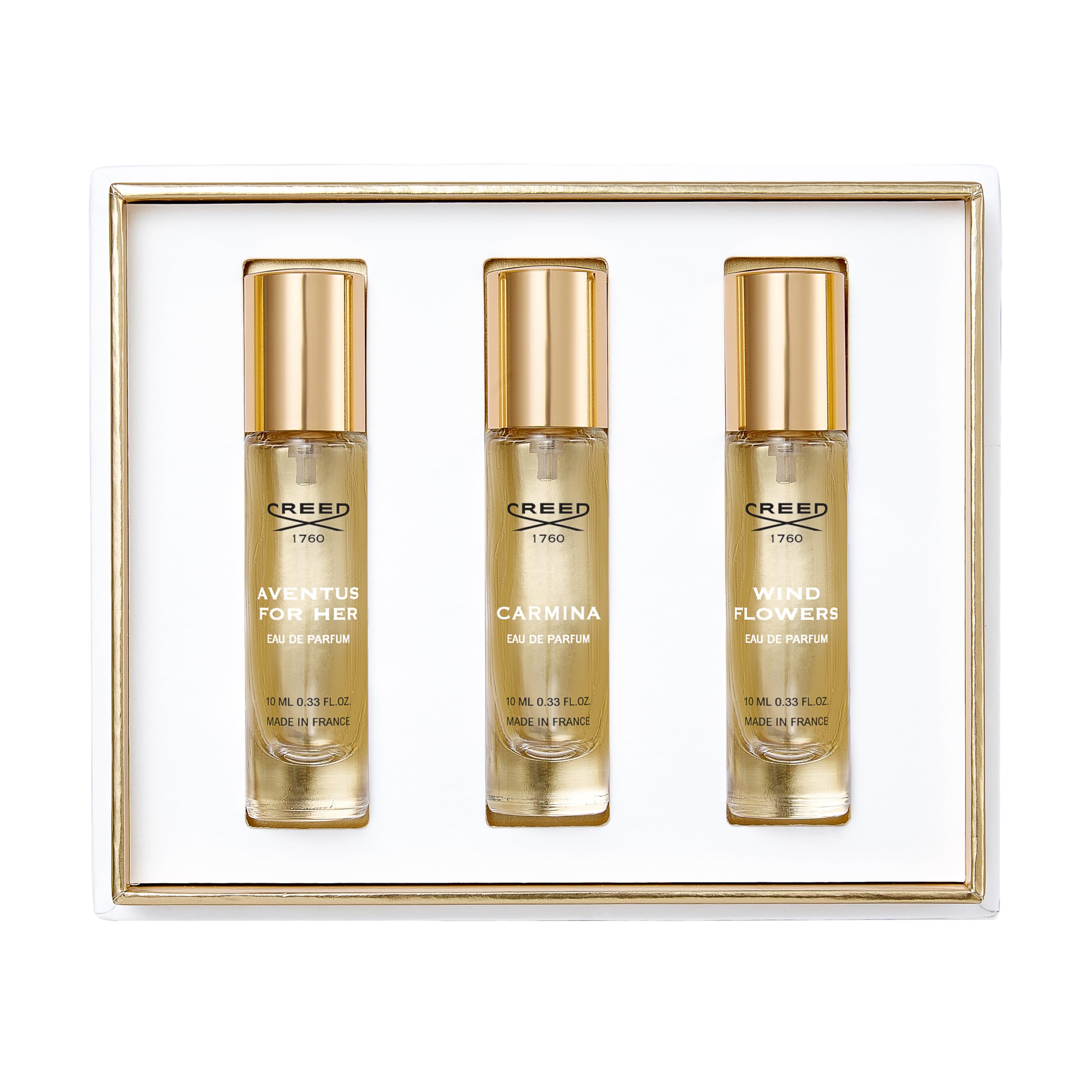House of Creed Women's Holiday Gift Coffret Set, Features 3 Signature Perfume Scents of Aventus for Her, Carmina, and Wind Flowers, 3 x 10ml