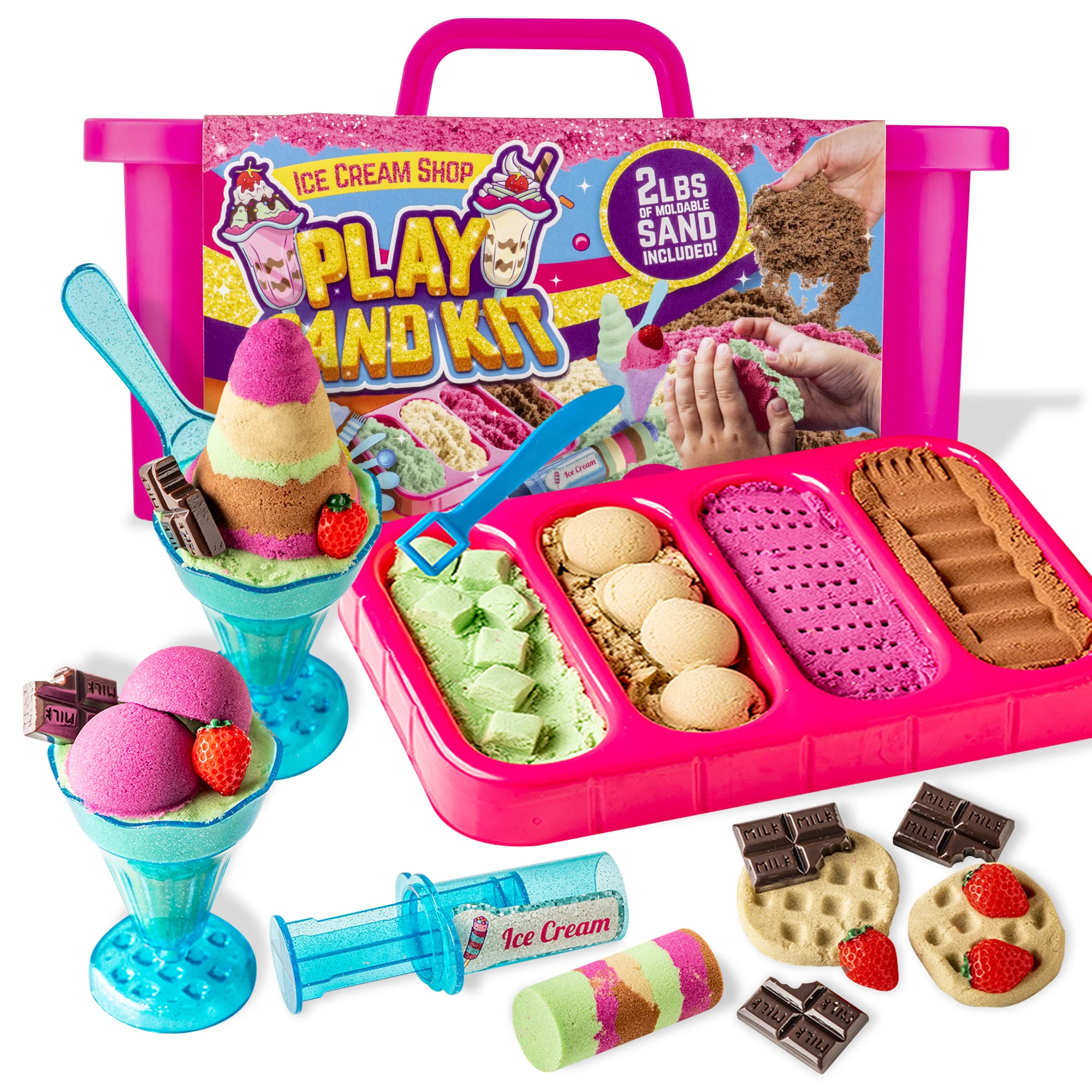 GirlZone Ice Cream Shop Play Sand Kit - 2-lb Multicolor 22-Piece Set - Sculptable Magic Sand Toys - Sensory Play for Kids