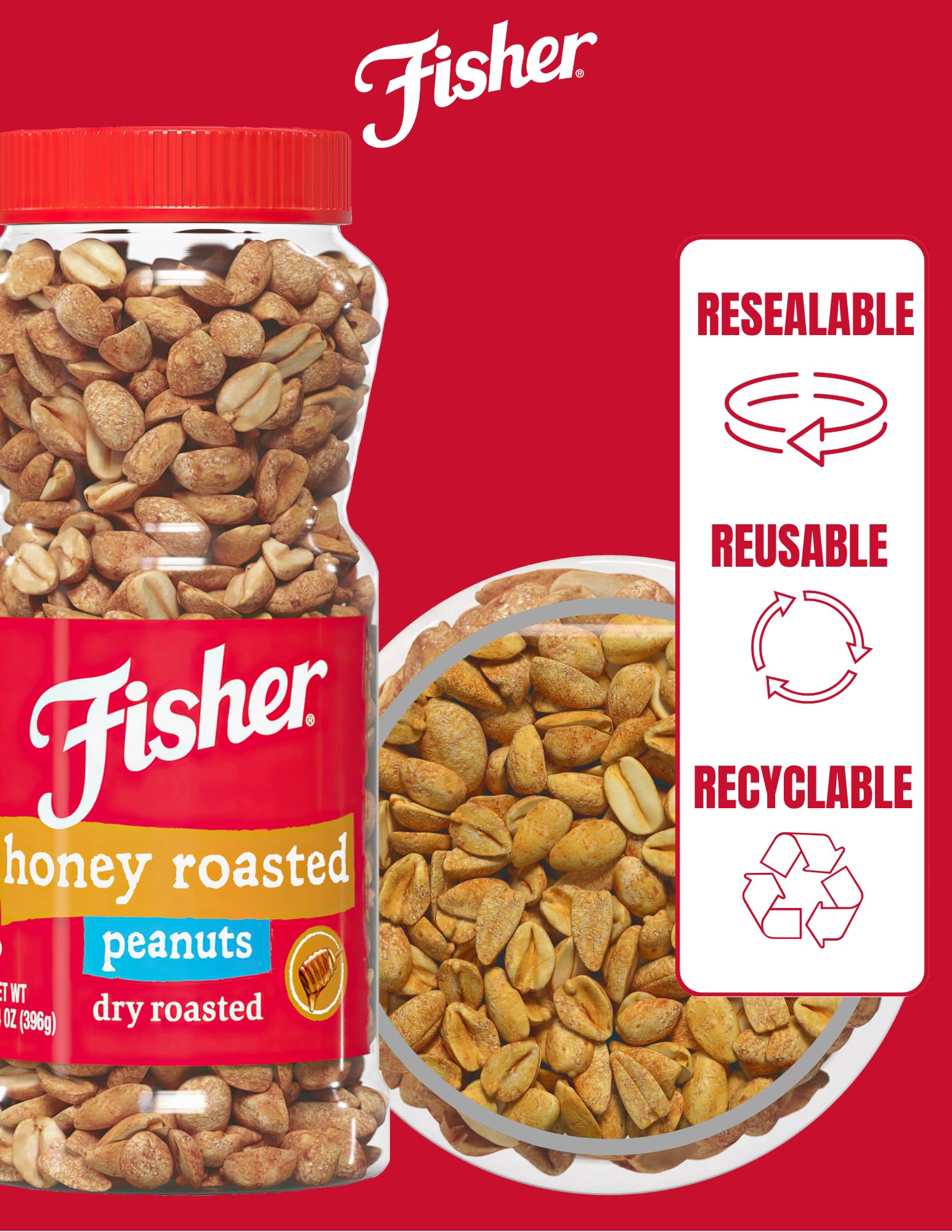 Fisher Snack Honey Roasted Dry Roasted Peanuts, 14 Ounces, Made with Real Honey, 100% Recyclable