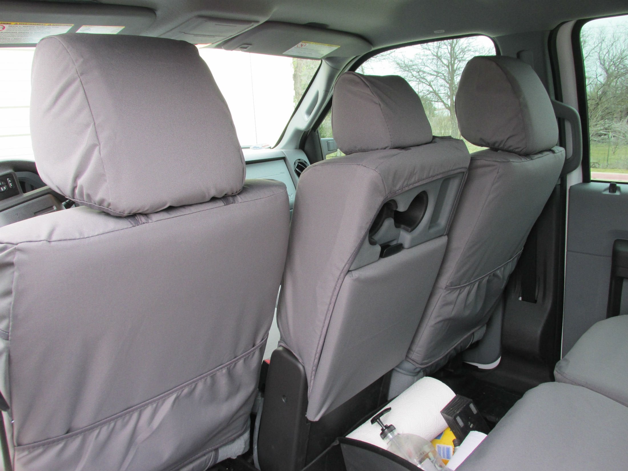 Durafit Seat Covers F486 C8 2014 Ford F150 -XLT and Lariat | Front 40/20/40 Split Seat with Opening Center Console | Fits 2015-2021 Ford F250; F350, F450, F550 XLT and Lariat | Charcoal Gray