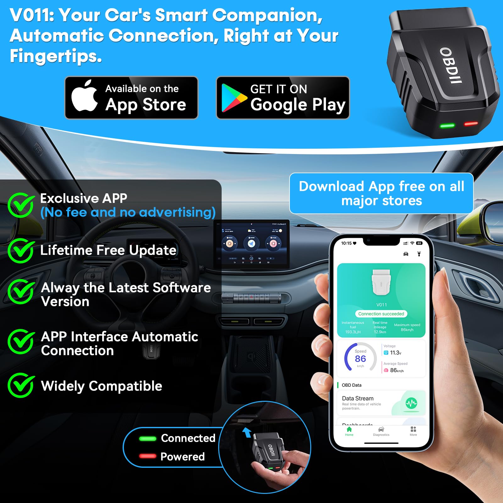 Bluetooth OBD2 Scanner APP for Car: Wireless Easy Setup 1S Auto Connect to Phone - Clear/Reset Vehicle Engine Error Code Reader Diagnostic Tool for iOS/Android