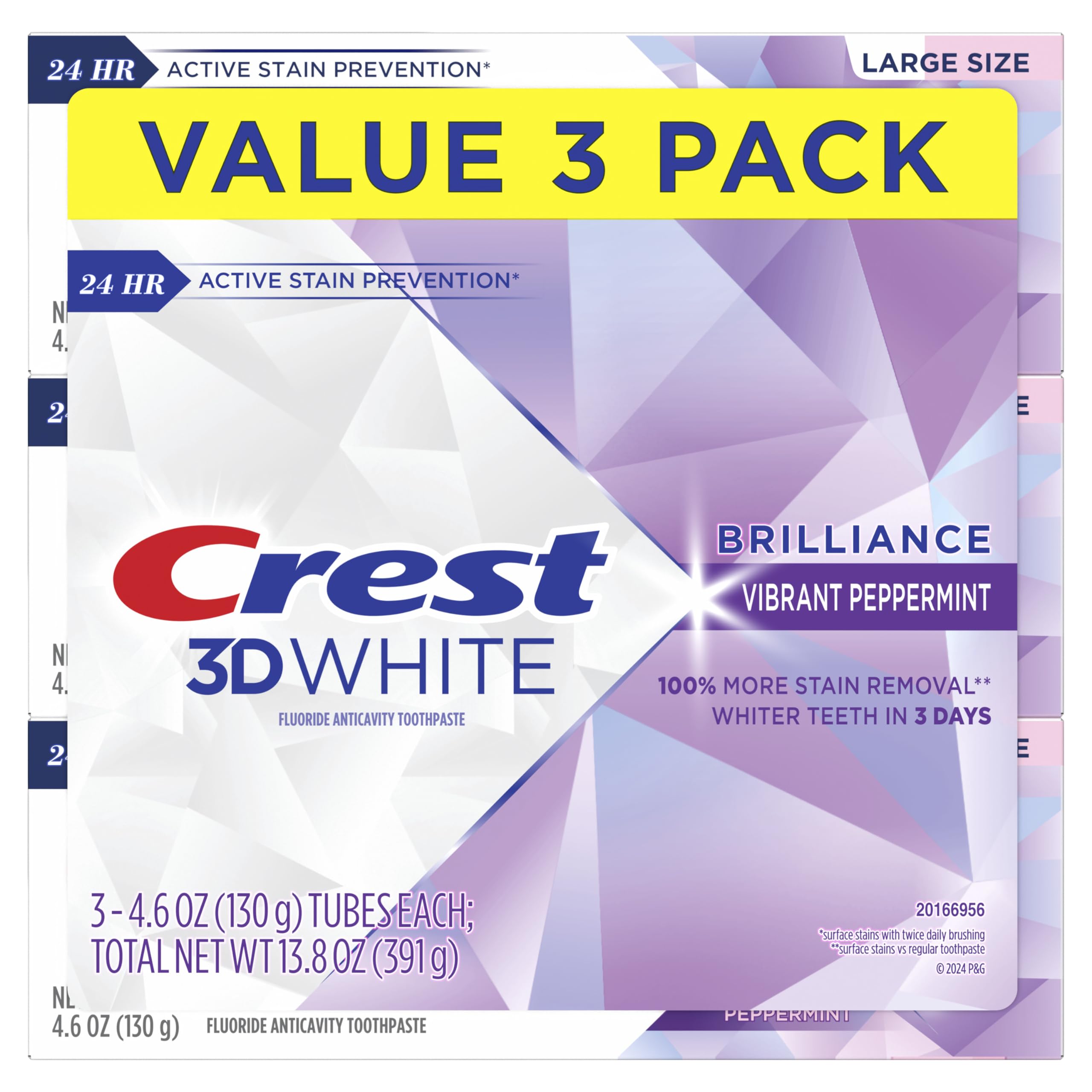 Crest 3D White Brilliance Vibrant Peppermint Teeth Whitening Toothpaste, 4.6 oz Pack of 3, Anticavity Fluoride Toothpaste, 100% More Surface Stain Removal, 24 Hour Active Stain Prevention