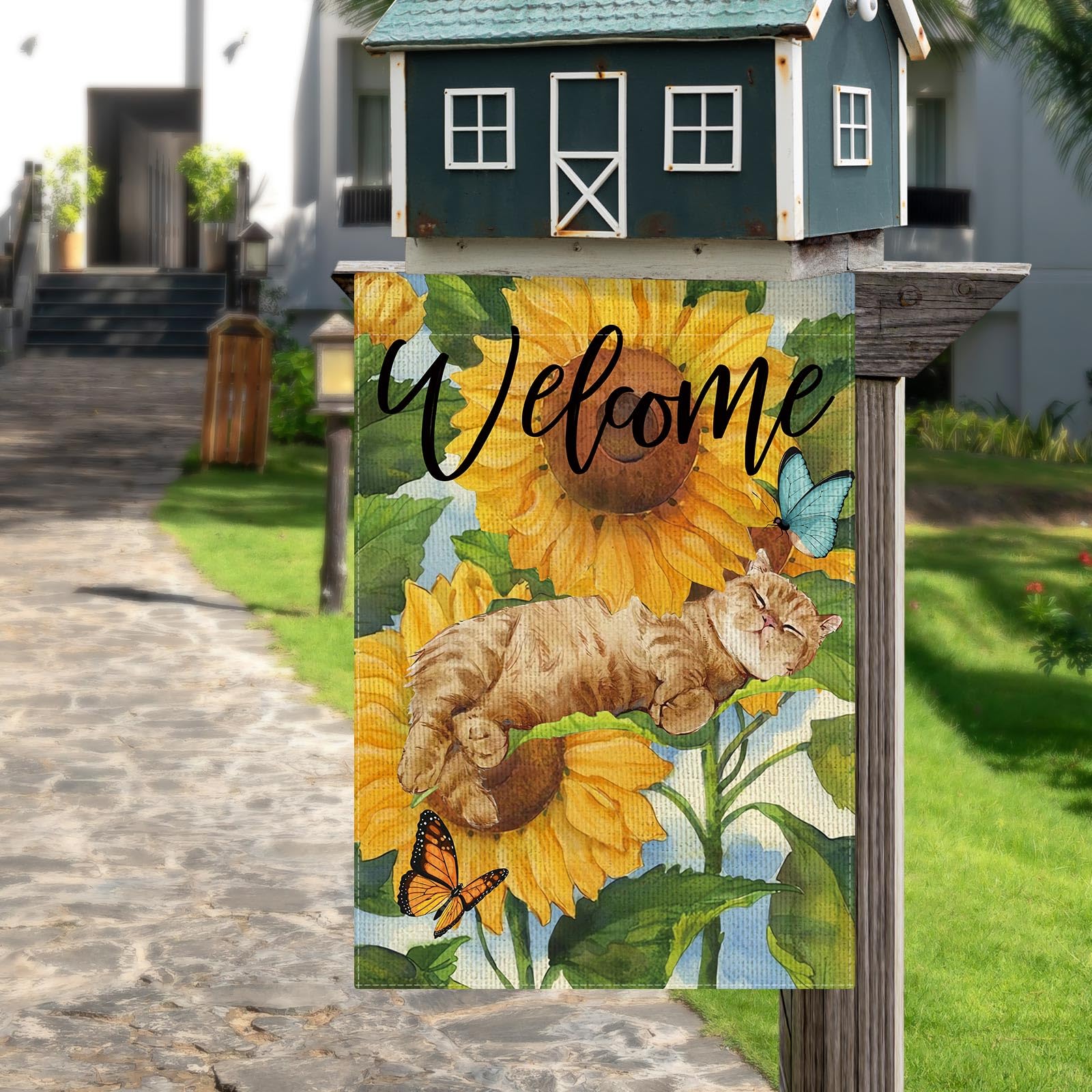 DLZDN Sunflower Cat Garden Flag Spring Summer Funny Cat Garden Flags 12×18 Inch Double Sided Vertical Burlap Farmhouse Welcome Yard Flag Seasonal Outdoor Decor