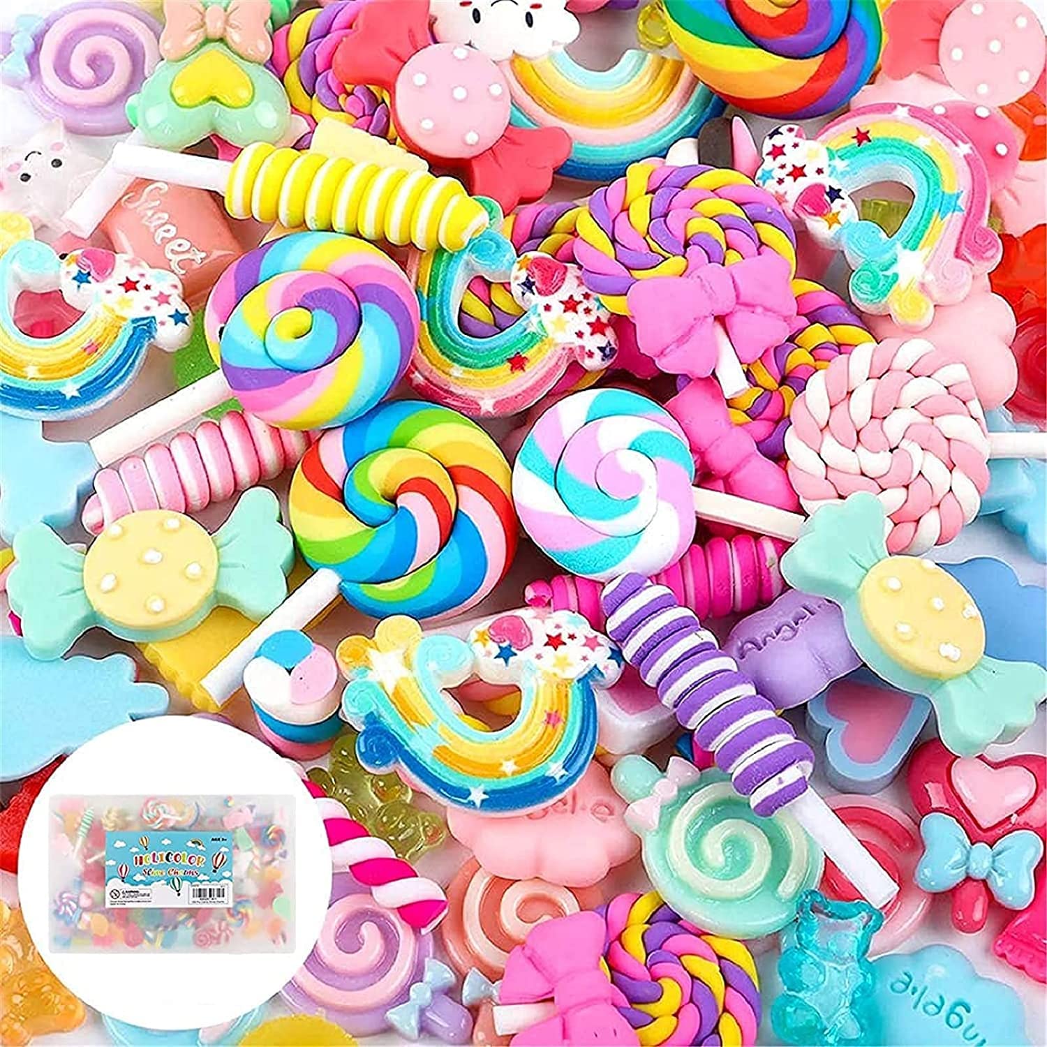 Holicolor 120pcs Slime Charms Resin Fake Candy Charms Kawaii Cute Set Mixed Assorted Sweets Flatback Slime Beads Making Supplies for DIY Craft Making and Ornament Scrapbooking