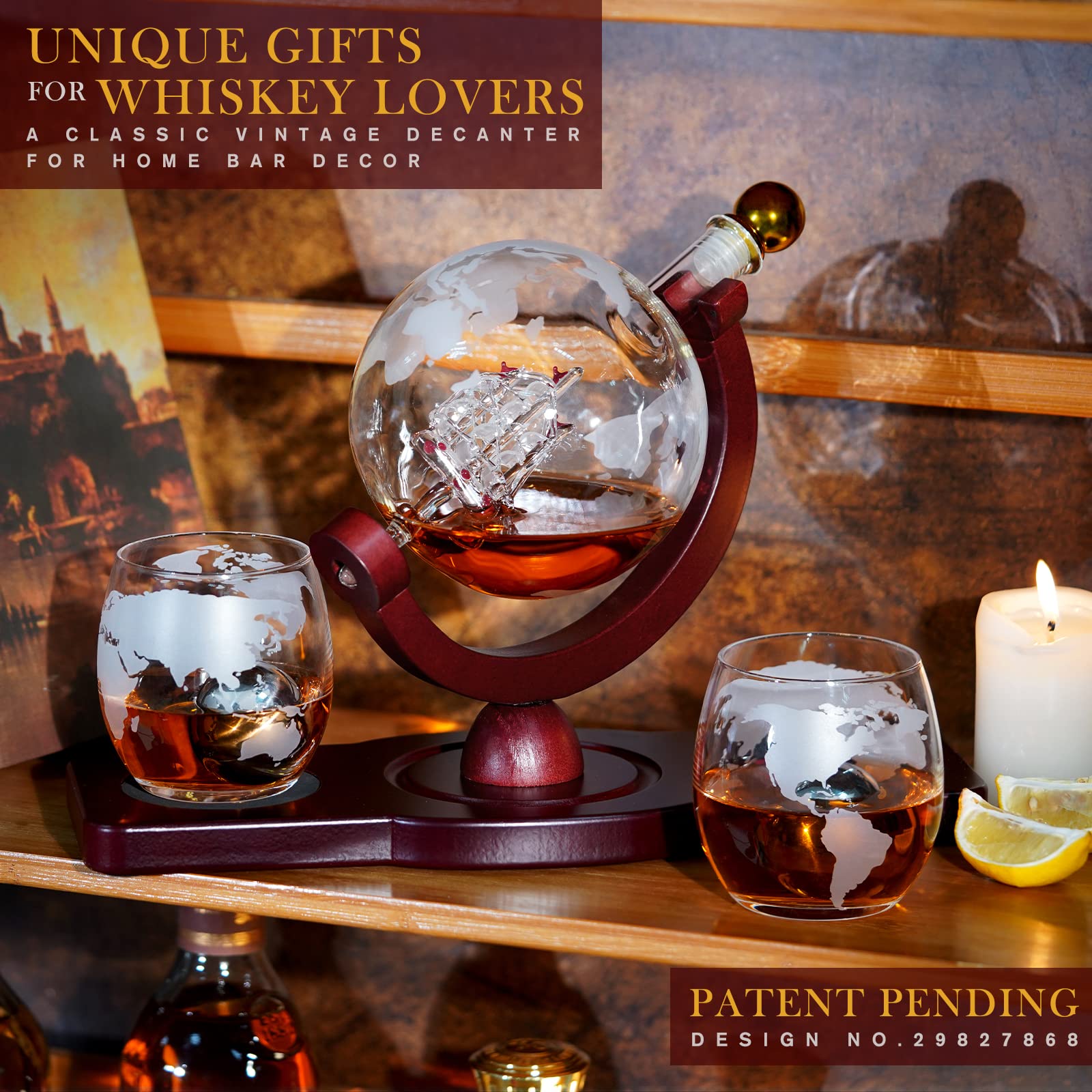 Gifts for Men Dad Christmas, PONPUR Whiskey Decanter Globe Set with 2 Ball Stones & 2 Glasses, Anniversary Birthday Gifts for Him Husband Boyfriend Brother, Cool Stuff Gift for Bourbon Scotch