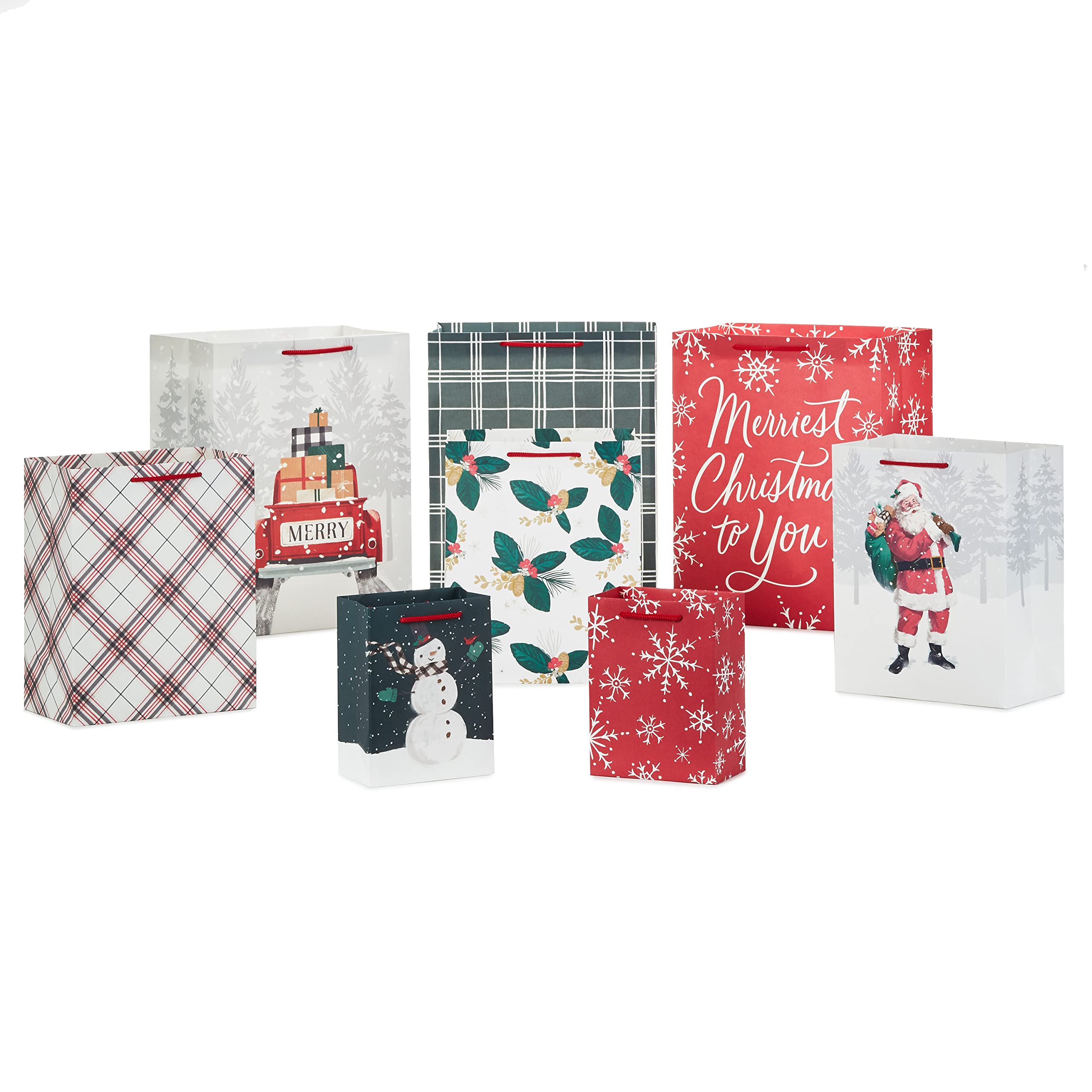 Hallmark Classic Christmas Gift Bag Assortment (8 Bags: 2 Small 5", 3 Medium 8", 3 Large 11") Red and Green, Santa Claus, Snowman, Red Truck, Plaid, Snowflakes, Merriest Christmas to You