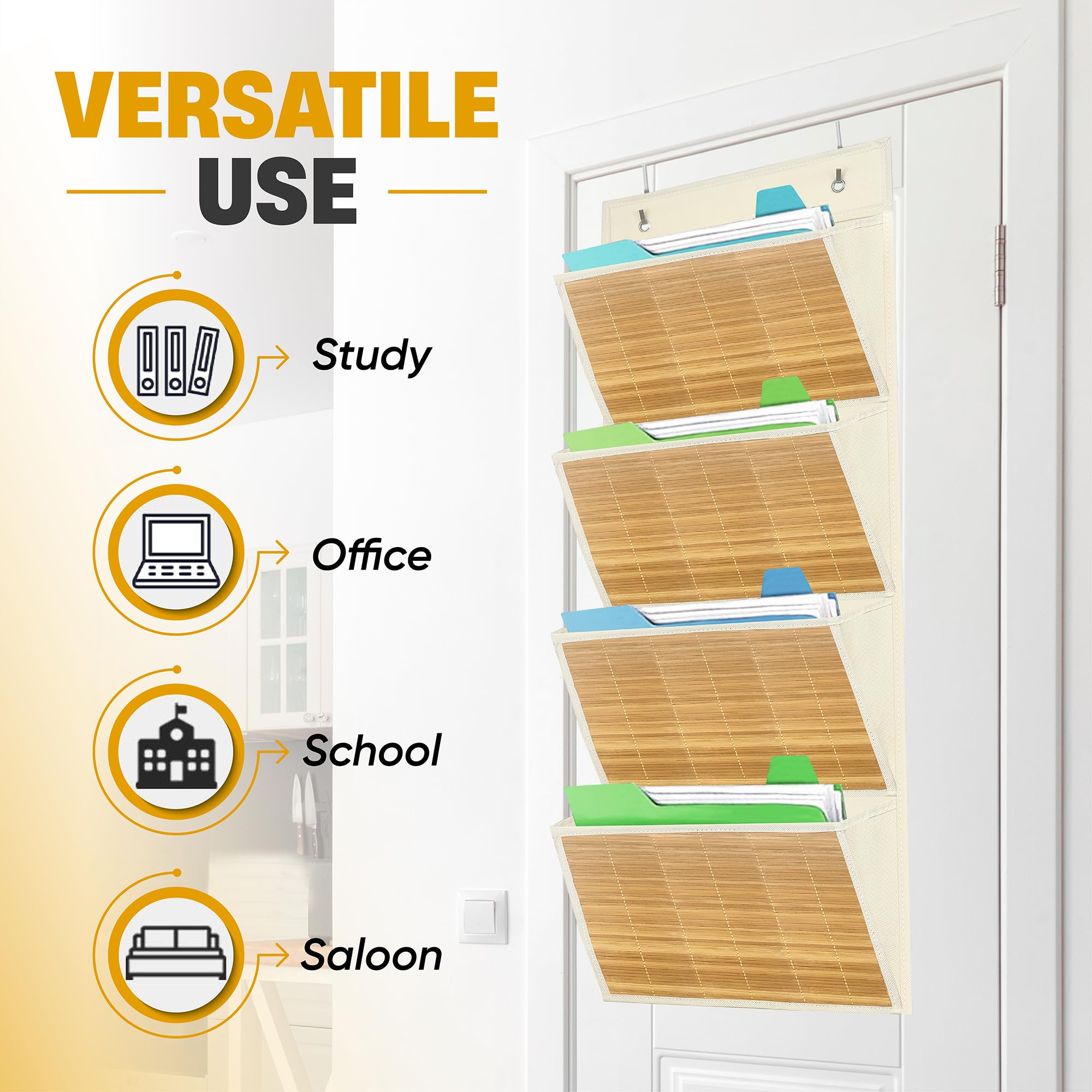 Luxury Over the Door File Organizer with Bamboo Cover – 4 Spacious Pockets for Hanging File Organizer, Premium Hanging Wall File Organizer Folder with Hooks, Ideal for Home Office, Classroom