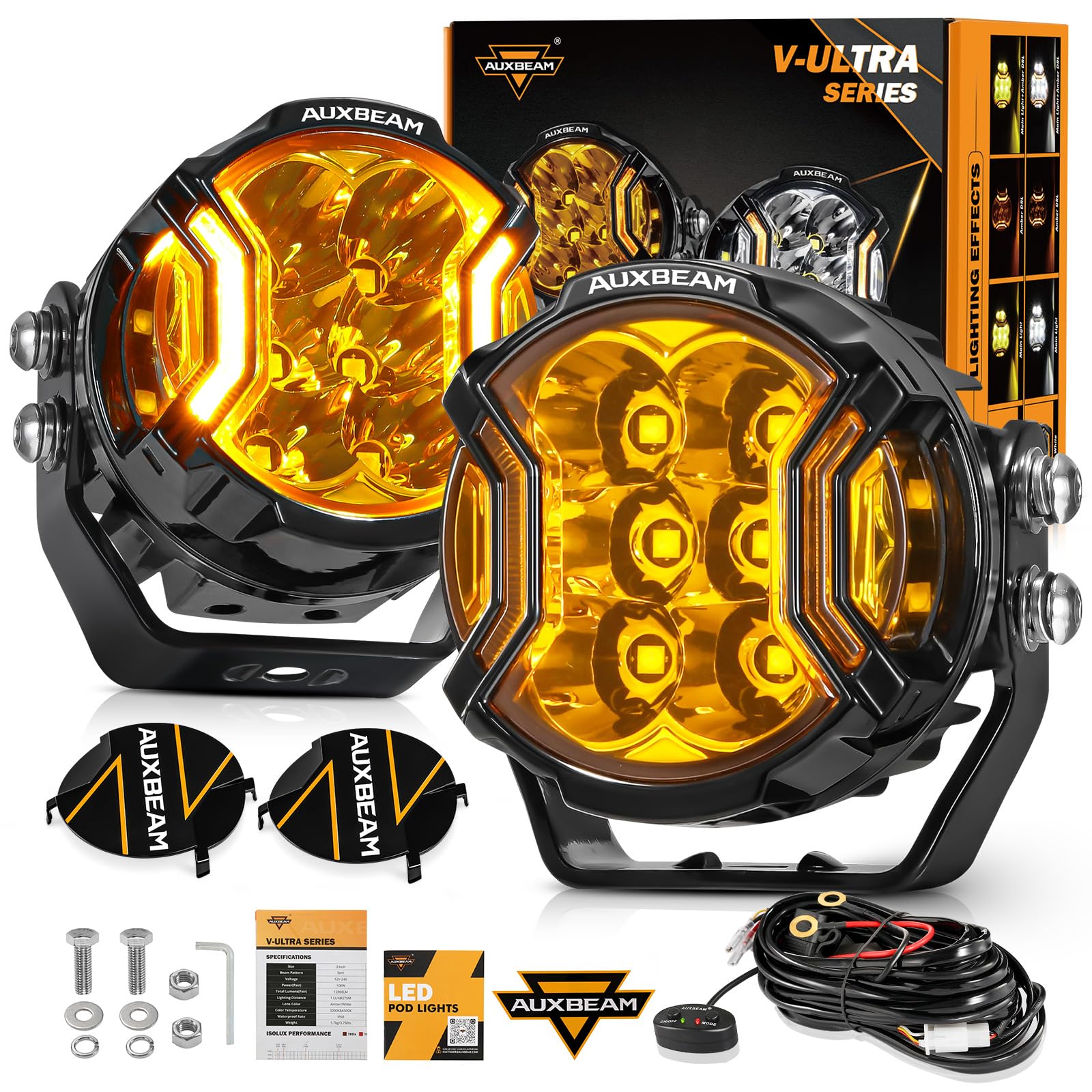 Auxbeam V-Ultra Series 3 Inch 108W LED Round Pods, 3 Modes Offroad Driving Side Shooter Light with Amber DRL, 270° Ultra-Wide Amber Cube Universal Spotlights with Covers & DT Plug Wiring Harness